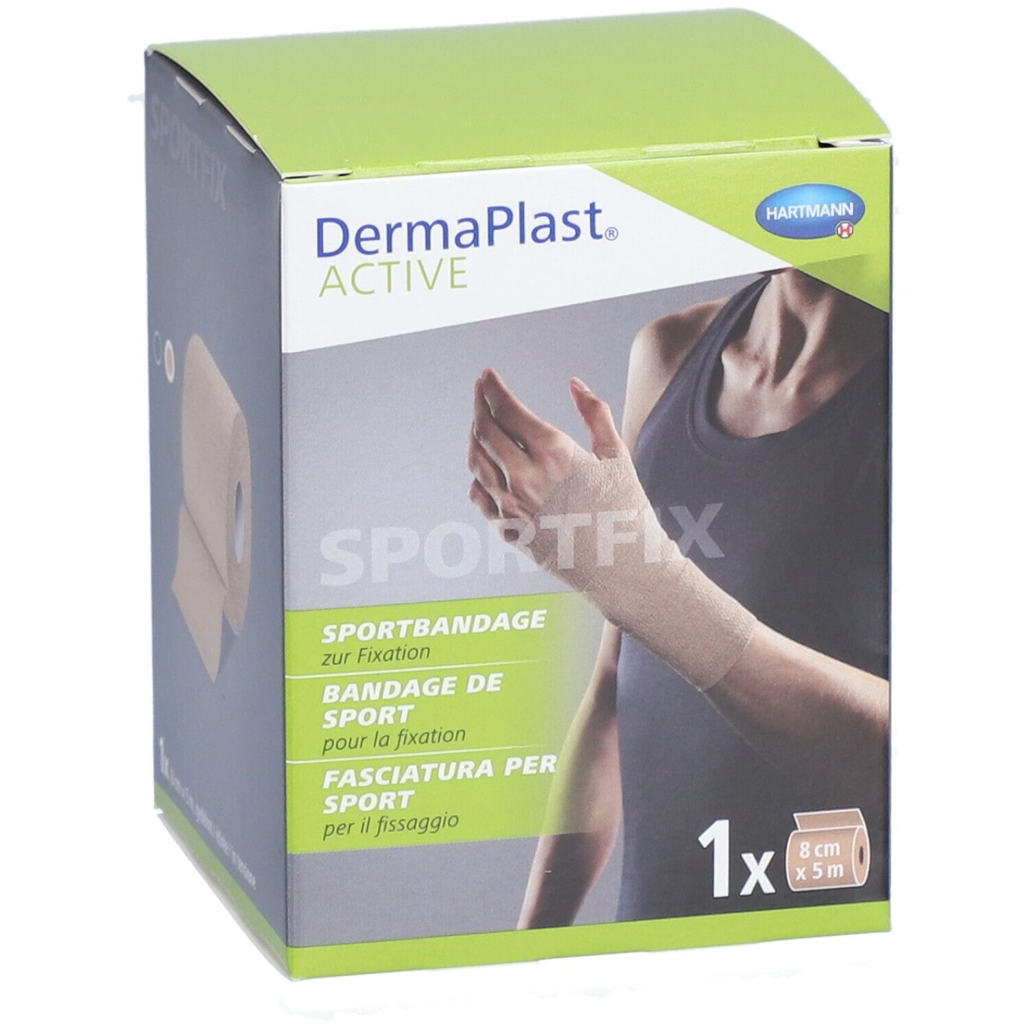 Dermaplast Active Sportfix-Box. Beige Sportbandage-Rolle. 8 cm x 5 m. Gezeigt: Rolle und Hand mit Bandage.