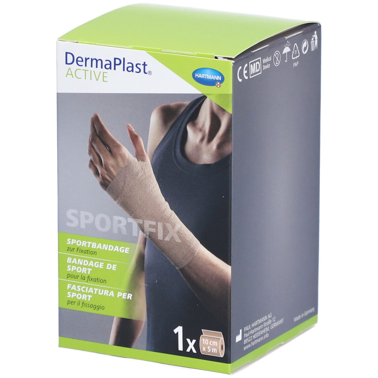 Verpackung von Dermaplast® Active Sportfix. Beige Sportbandage am Handgelenk abgebildet. 10 cm x 5 m.
