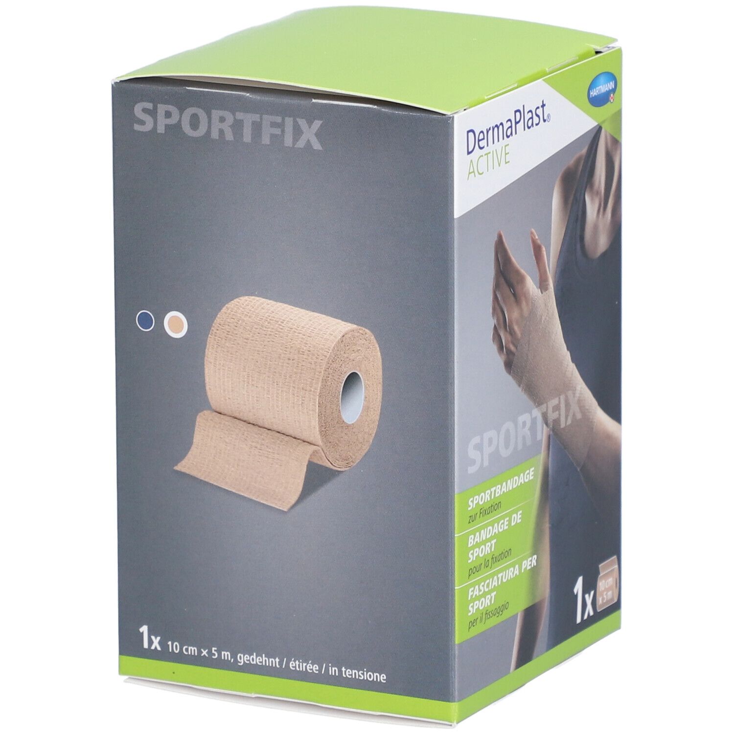 Verpackung von Dermaplast® Active Sportfix. Rolle Sportbandage, beige. 10 cm x 5 m.