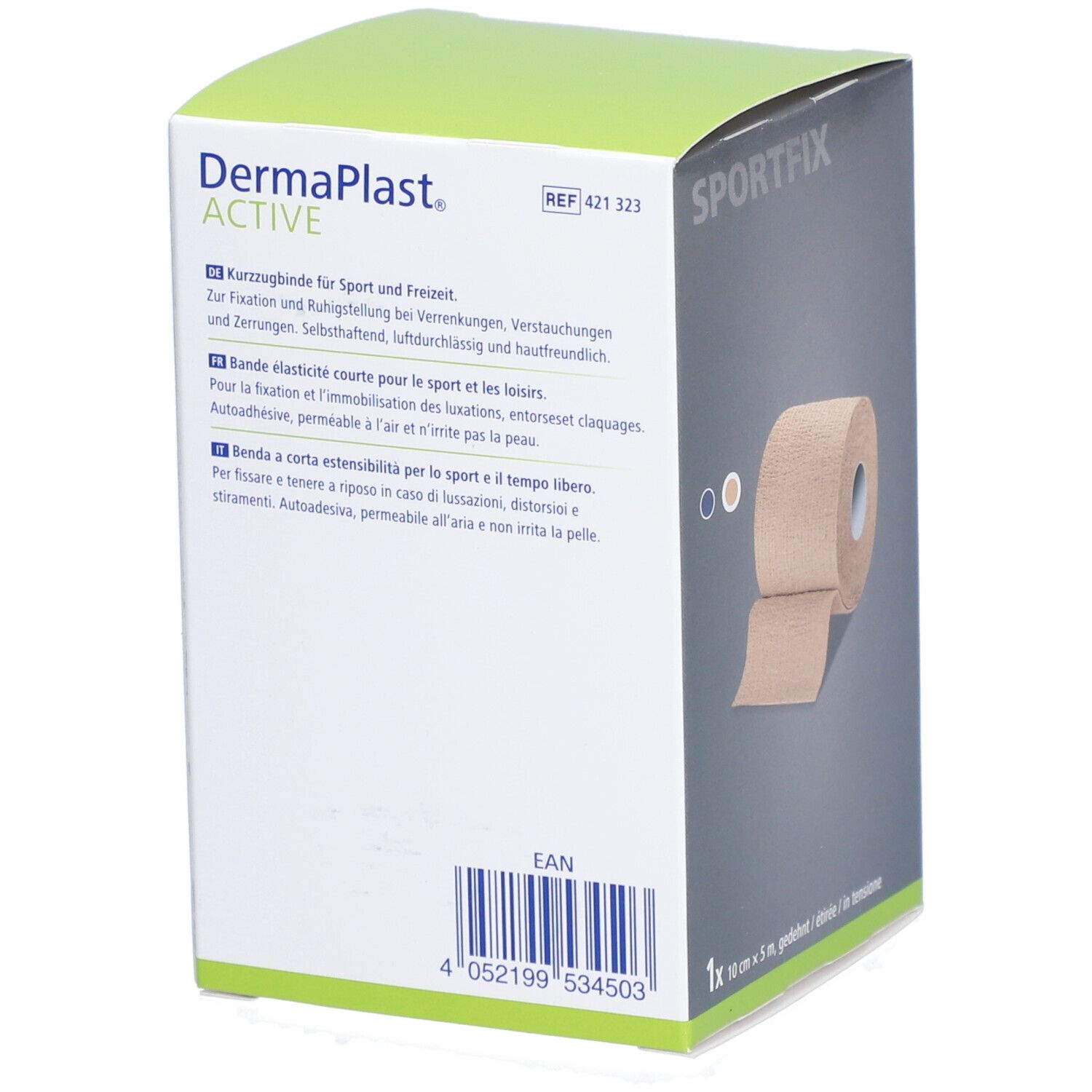 Verpackung von Dermaplast® Active Sportfix. Produktinformationen und EAN-Code. Beige Sportbandage.