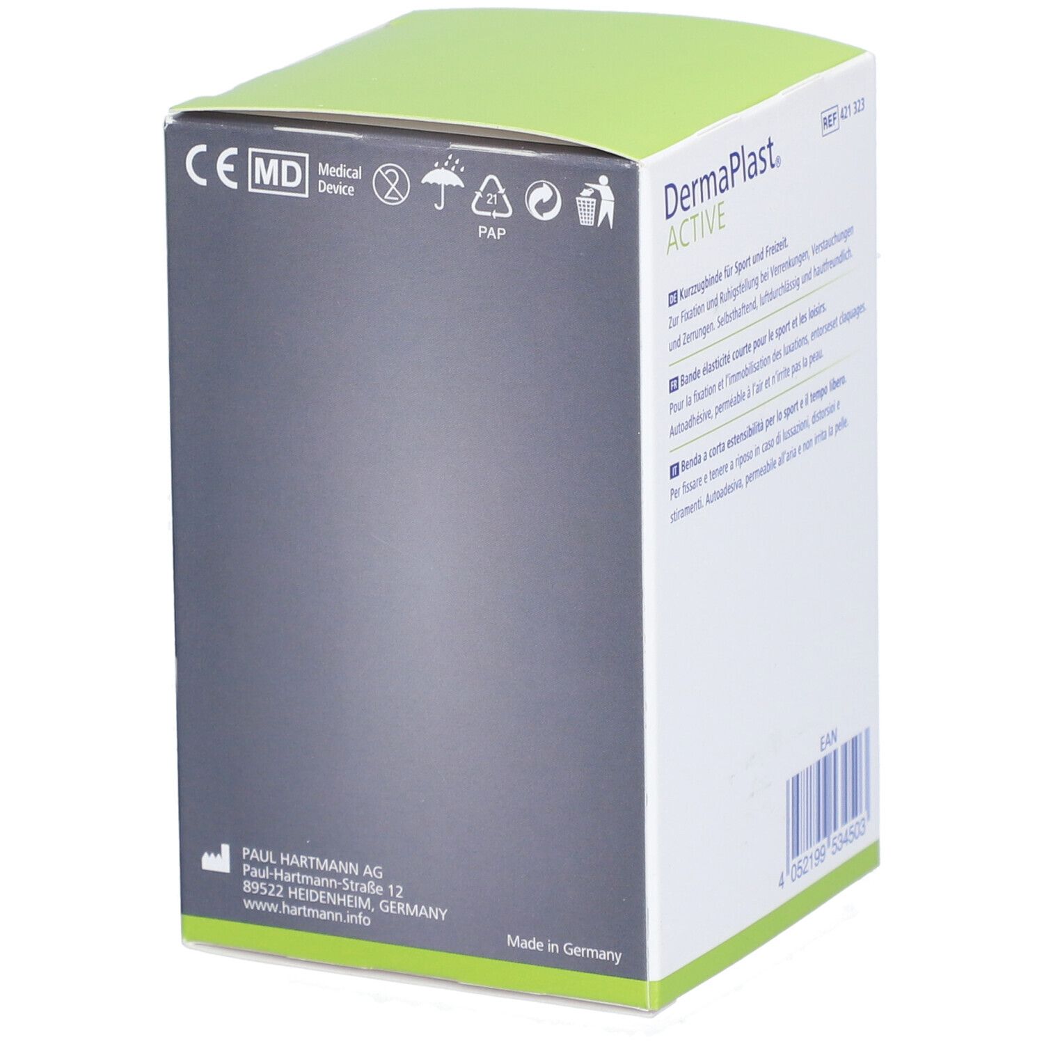 Rückseite der Dermaplast® Active Sportfix Verpackung. Medizinprodukt-Kennzeichnung. Herstellerinformationen.
