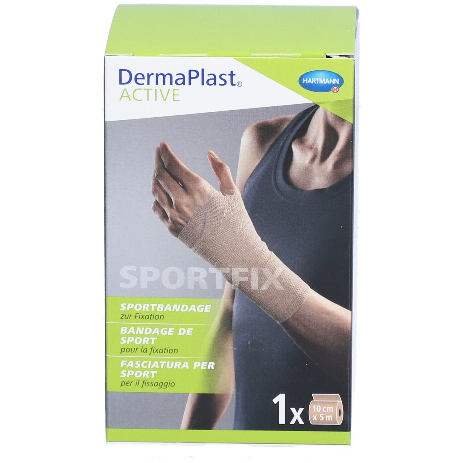 Verpackung von Dermaplast® Active Sportfix. Beige Sportbandage am Handgelenk abgebildet. 10 cm x 5 m.