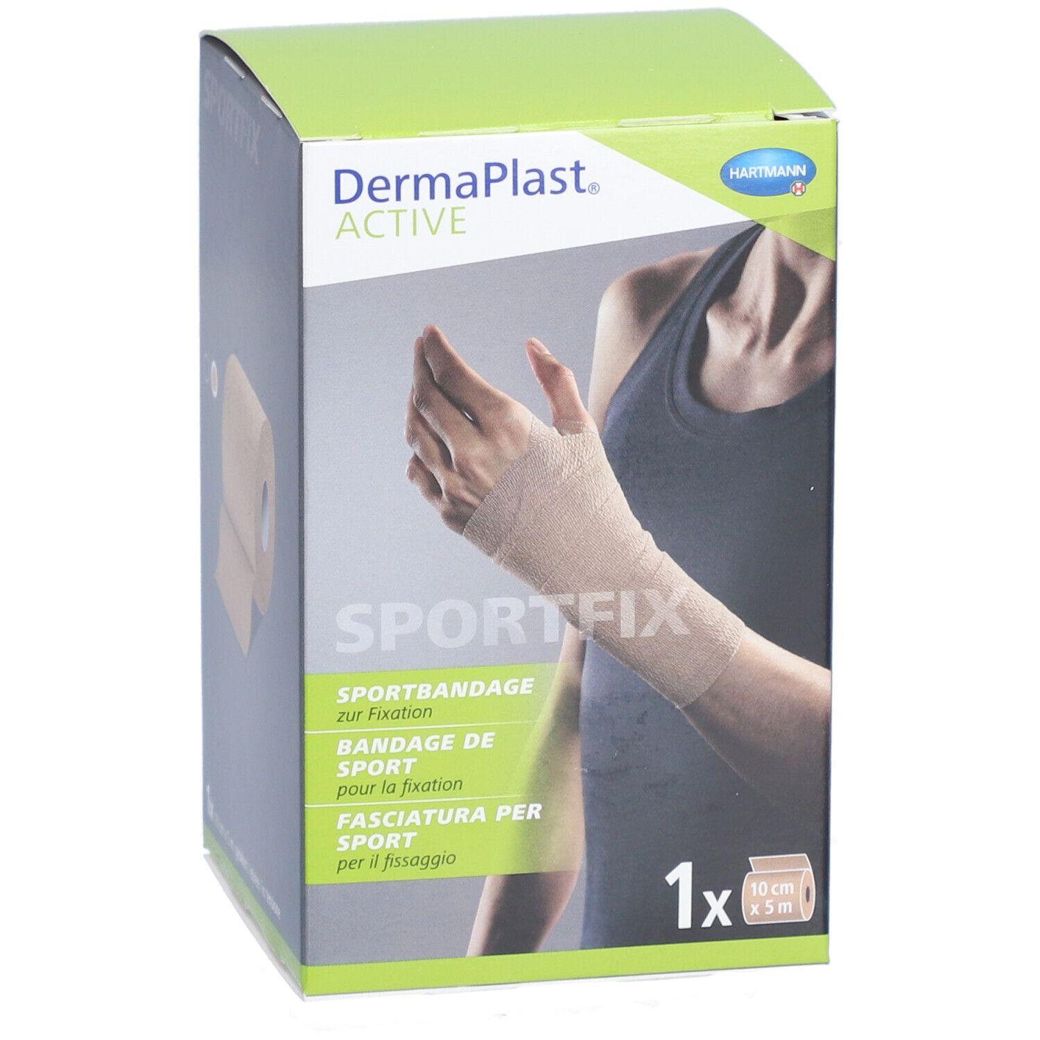 Verpackung von Dermaplast® Active Sportfix. Beige Sportbandage am Handgelenk abgebildet. 10 cm x 5 m.