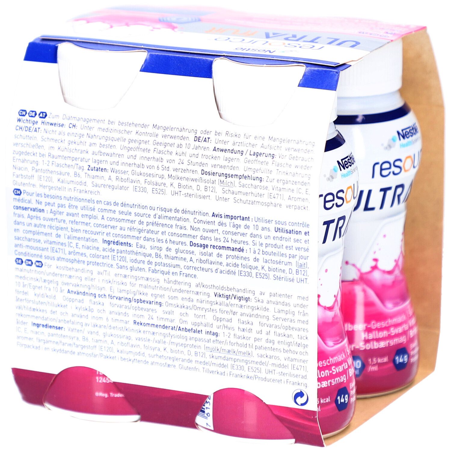 Packung mit Flaschen. Aufschrift: resource ULTRA fruit. Waldbeer-Geschmack. Nestle Health Science Logo. Flaschen mit rosa Flüssigkeit.