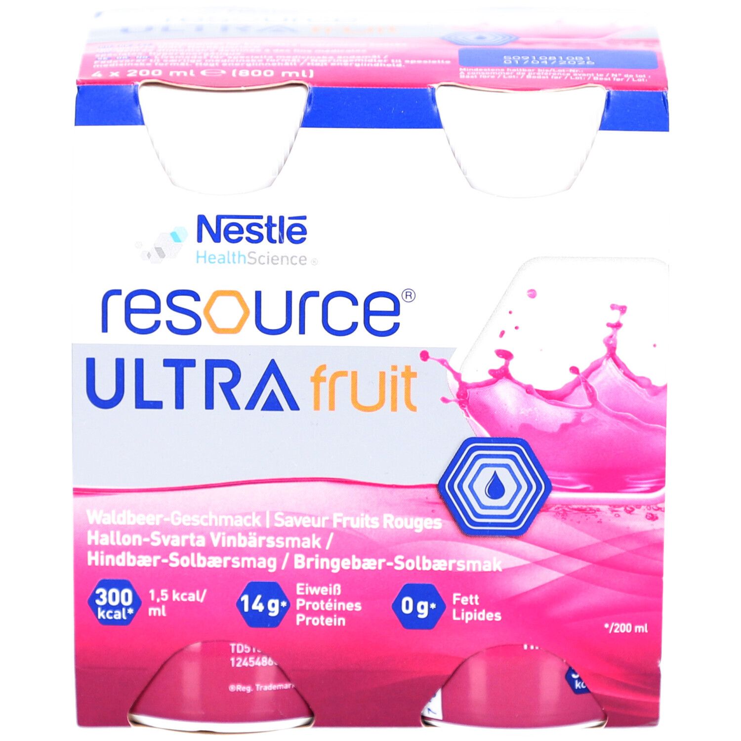 Packung mit Flaschen. Aufschrift: resource ULTRA fruit. Waldbeer-Geschmack. Nestle Health Science Logo. Flaschen mit rosa Flüssigkeit.