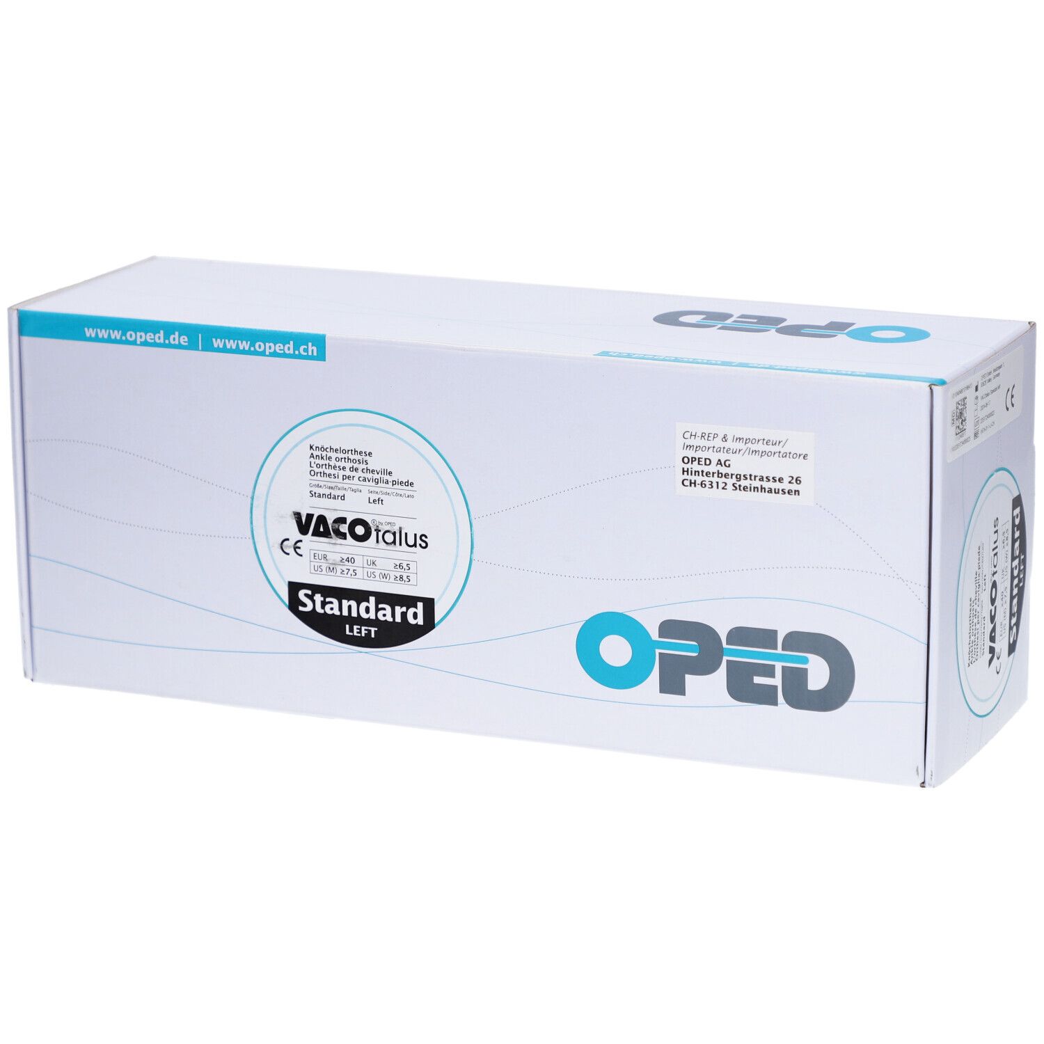 Emballage de l'orthèse de cheville OPED Standard Left. Inscriptions: VACOTALUS, marquage CE, logo OPED, www.oped.de.