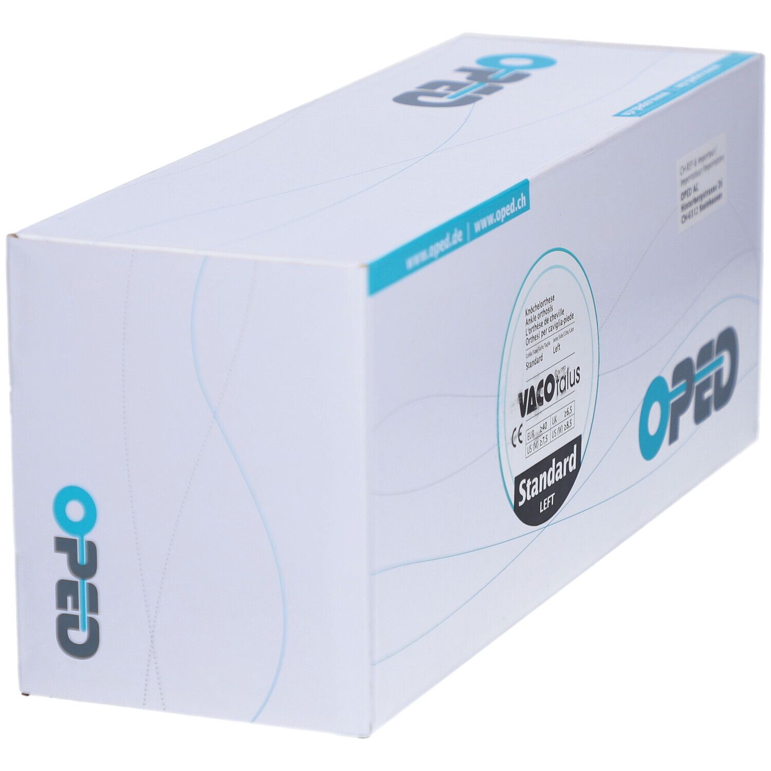 Emballage de l'orthèse de cheville OPED Standard Left. Inscriptions: VACOTALUS, marquage CE, logo OPED, www.oped.de.