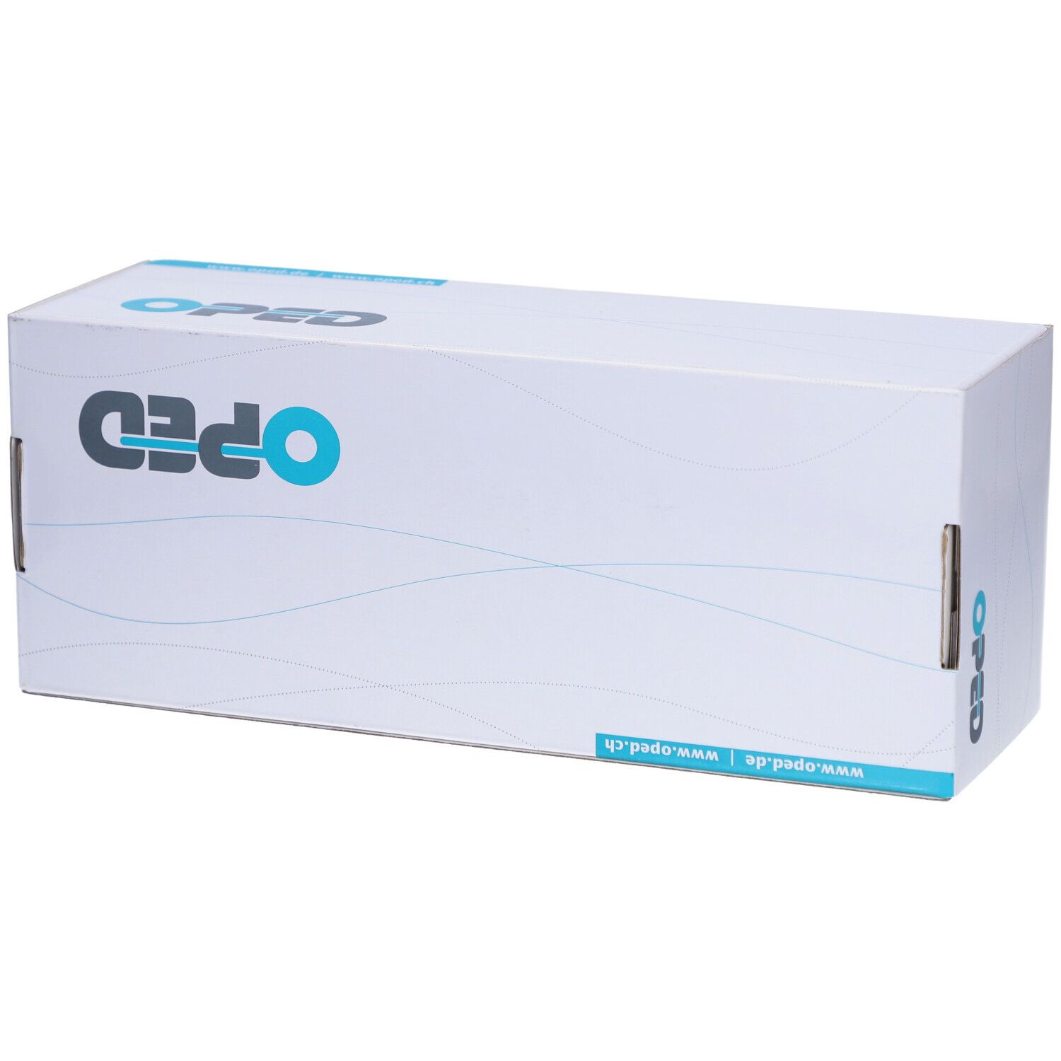 Emballage de l'orthèse de cheville OPED Standard Left. Logo OPED, www.oped.de. Emballage blanc avec des accents bleus.