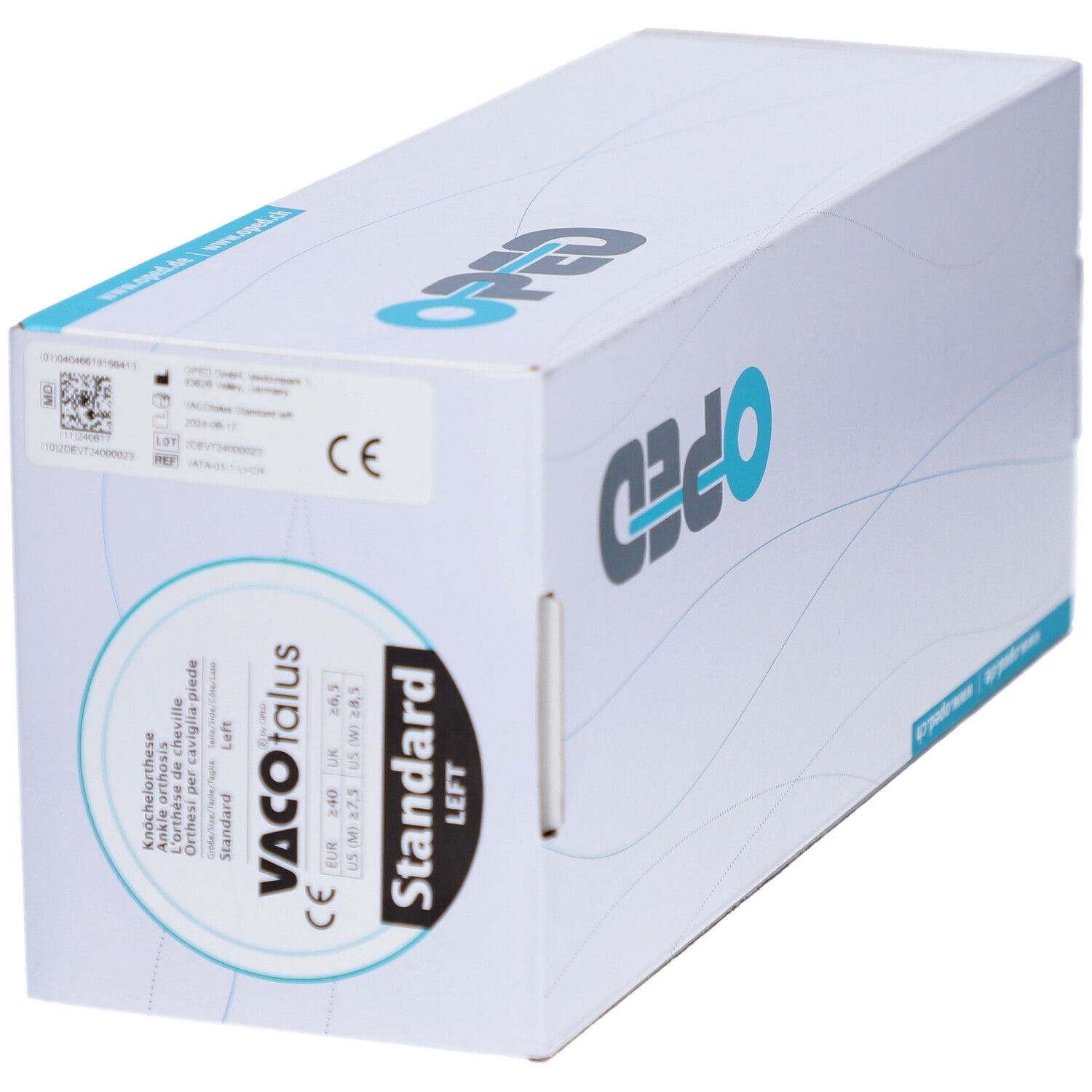 Emballage de l'orthèse de cheville OPED Standard Left. Inscriptions: VACOTALUS, marquage CE, logo OPED, www.oped.de.