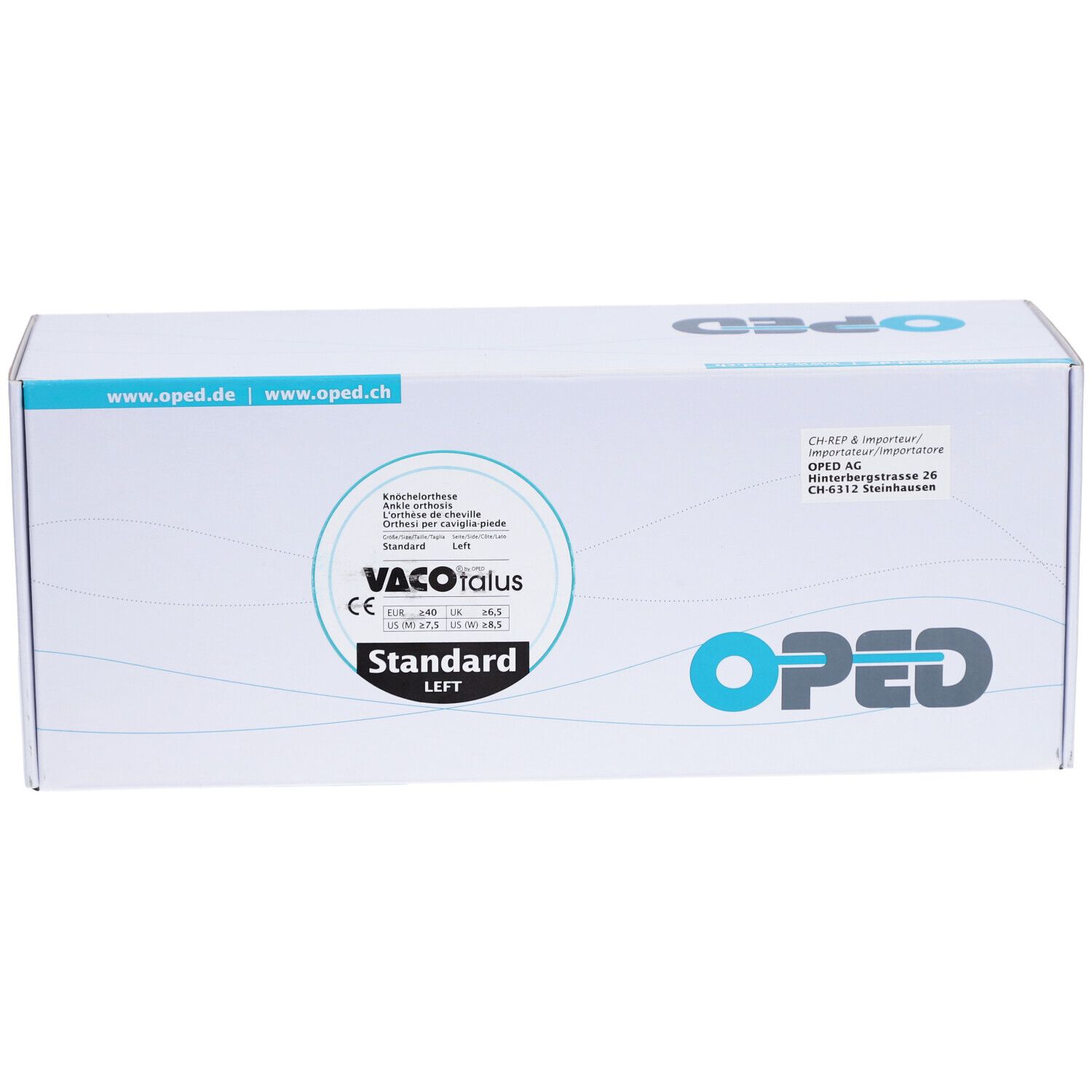Emballage de l'orthèse de cheville OPED Standard Left. Inscriptions: VACOTALUS, marquage CE, logo OPED, www.oped.de.