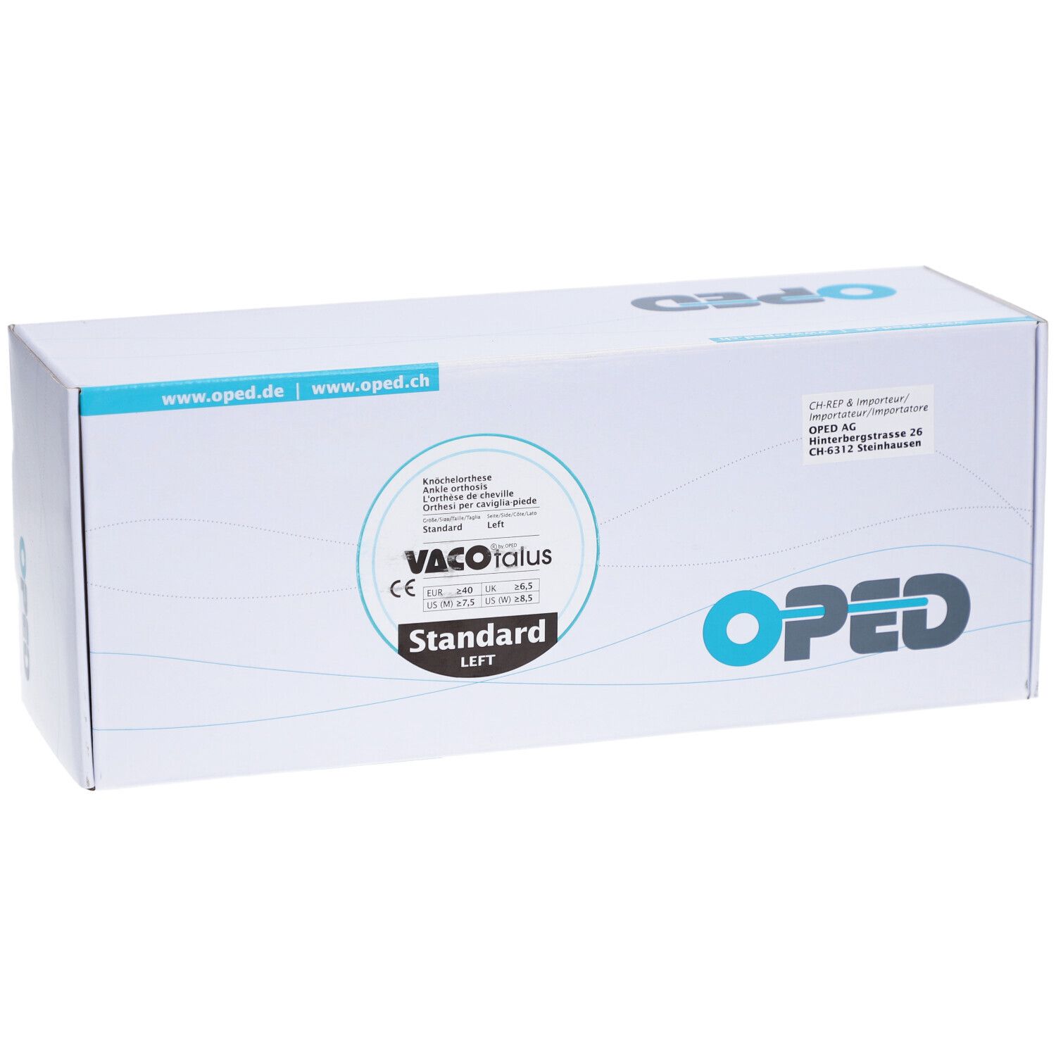 Emballage de l'orthèse de cheville OPED Standard Left. Inscriptions: VACOTALUS, marquage CE, logo OPED, www.oped.de.