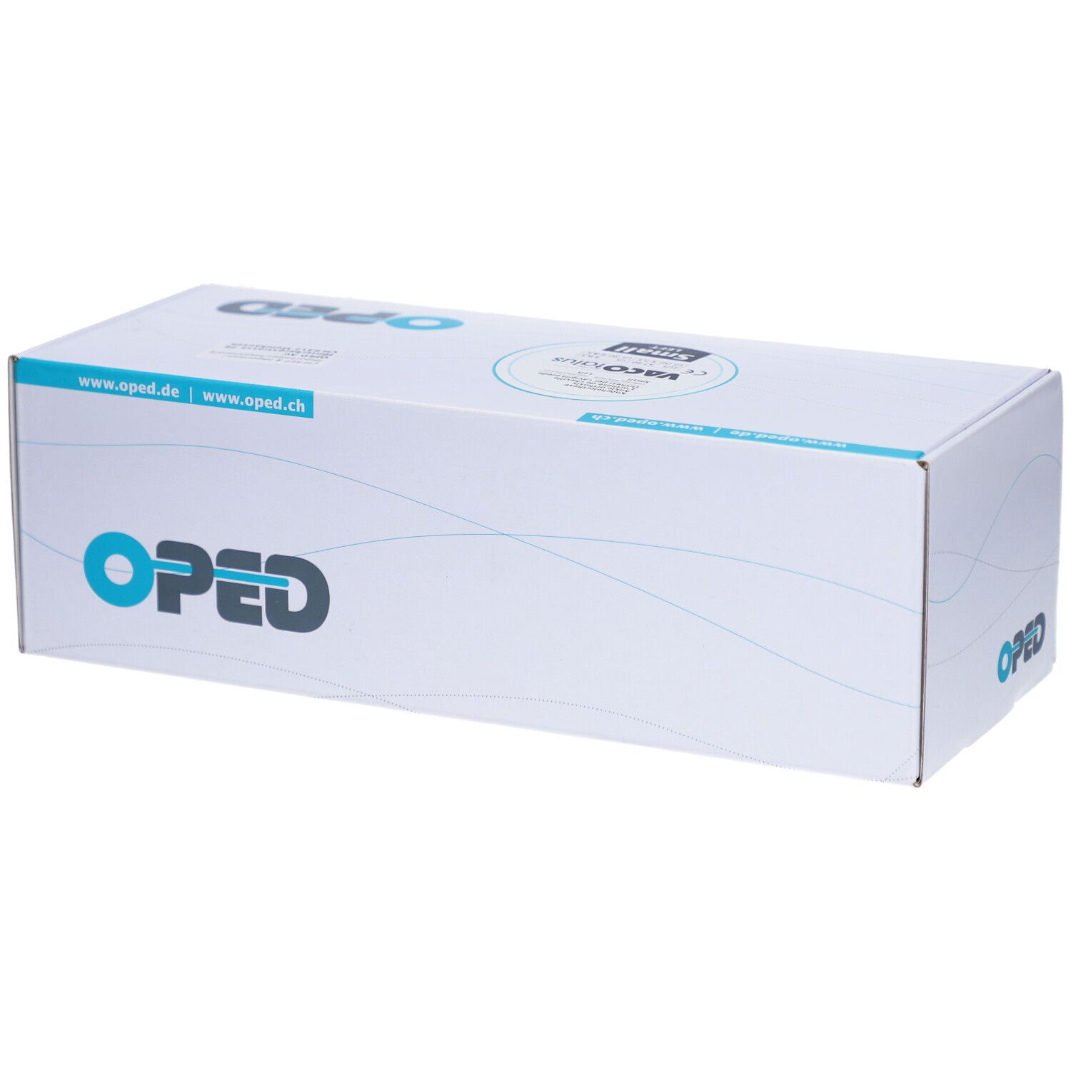 Boîte OPED. Emballage bleu et blanc avec logo et adresse du site Web. Inscription : OPED.