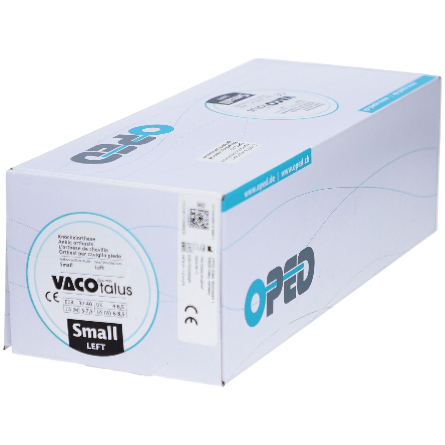 Boîte OPED. Nom du produit : orthèse de cheville. Inscription : Vaco talus Small Left. Marquage CE.