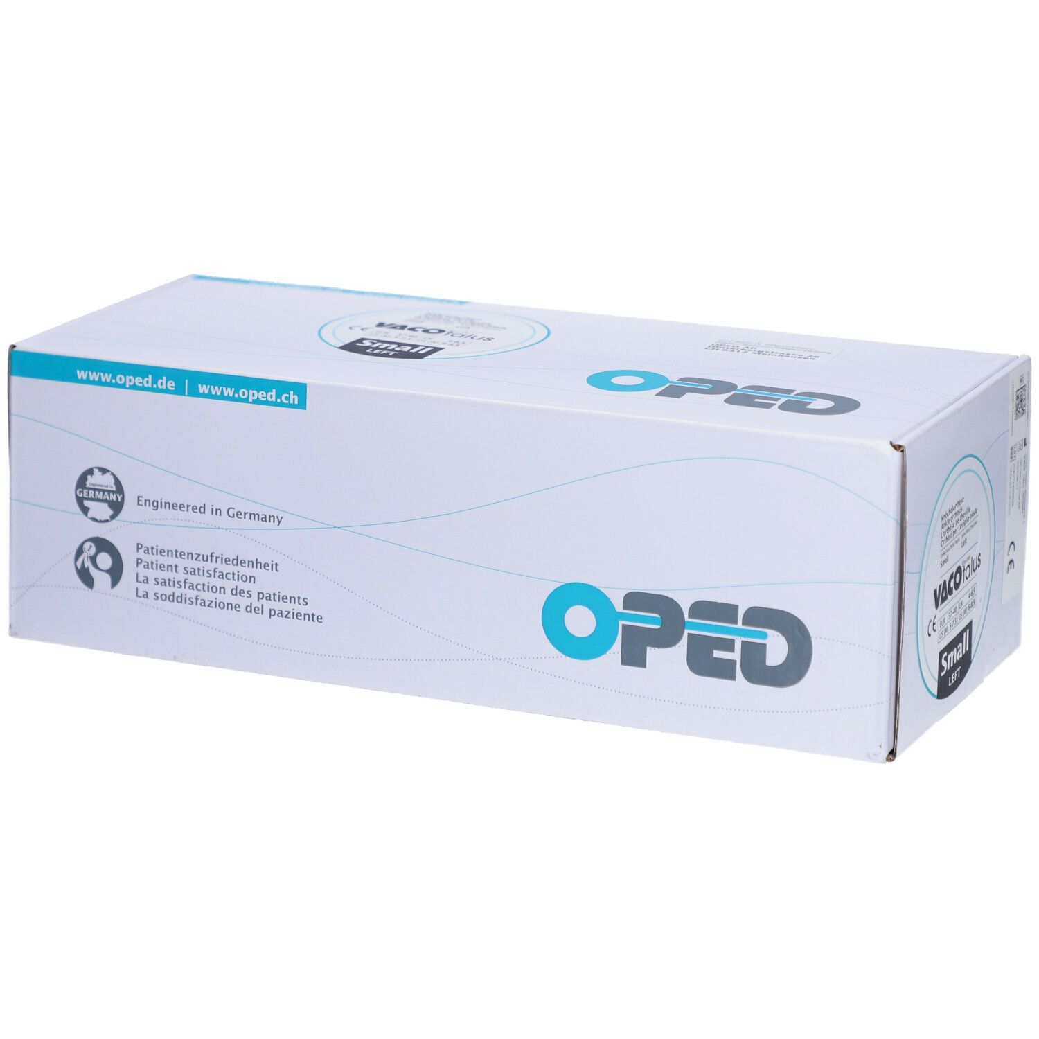 Boîte OPED. Emballage bleu et blanc avec logo et adresse du site Web. Inscription : Engineered in Germany.