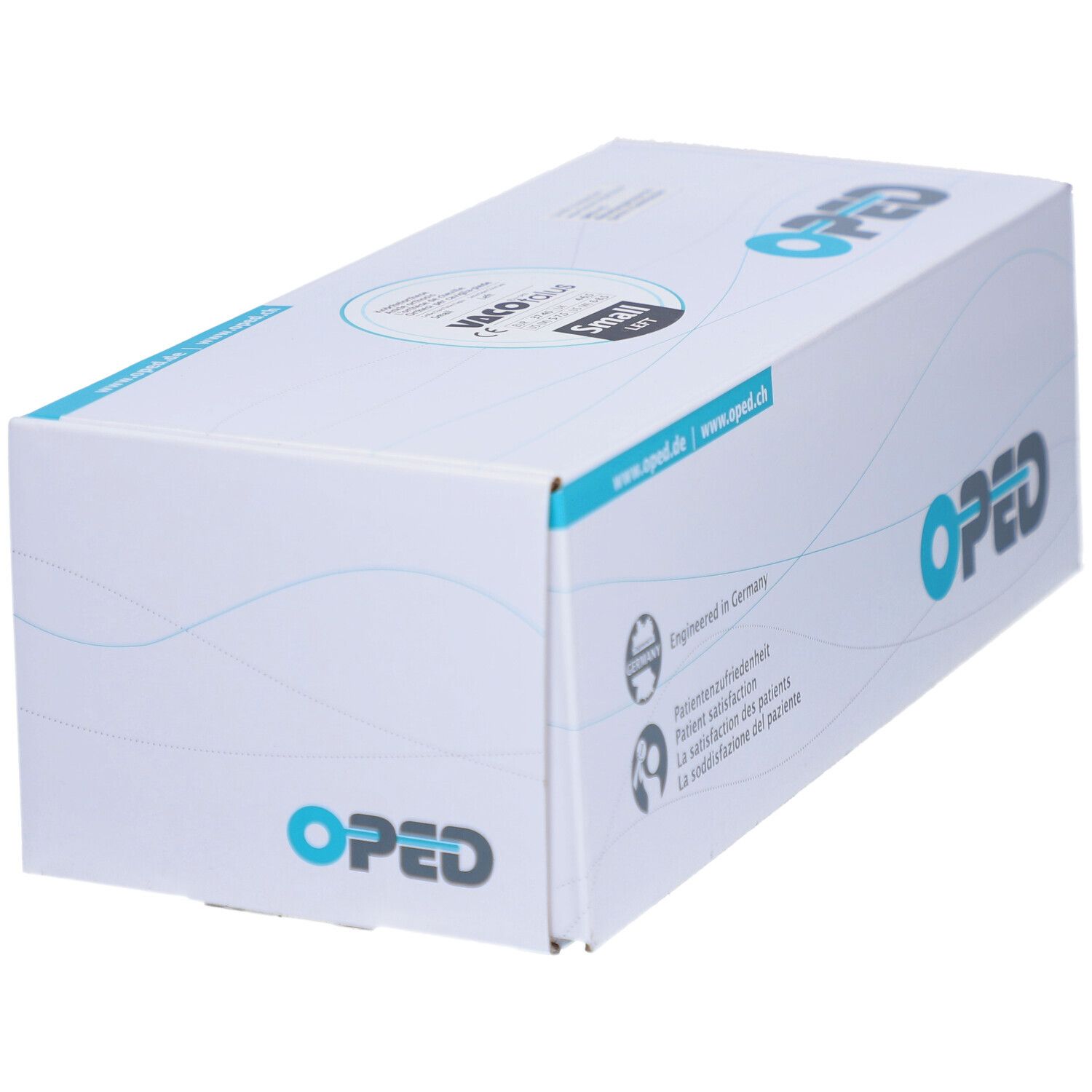 Boîte OPED. Emballage bleu et blanc avec logo et adresse du site Web. Inscription : Engineered in Germany.