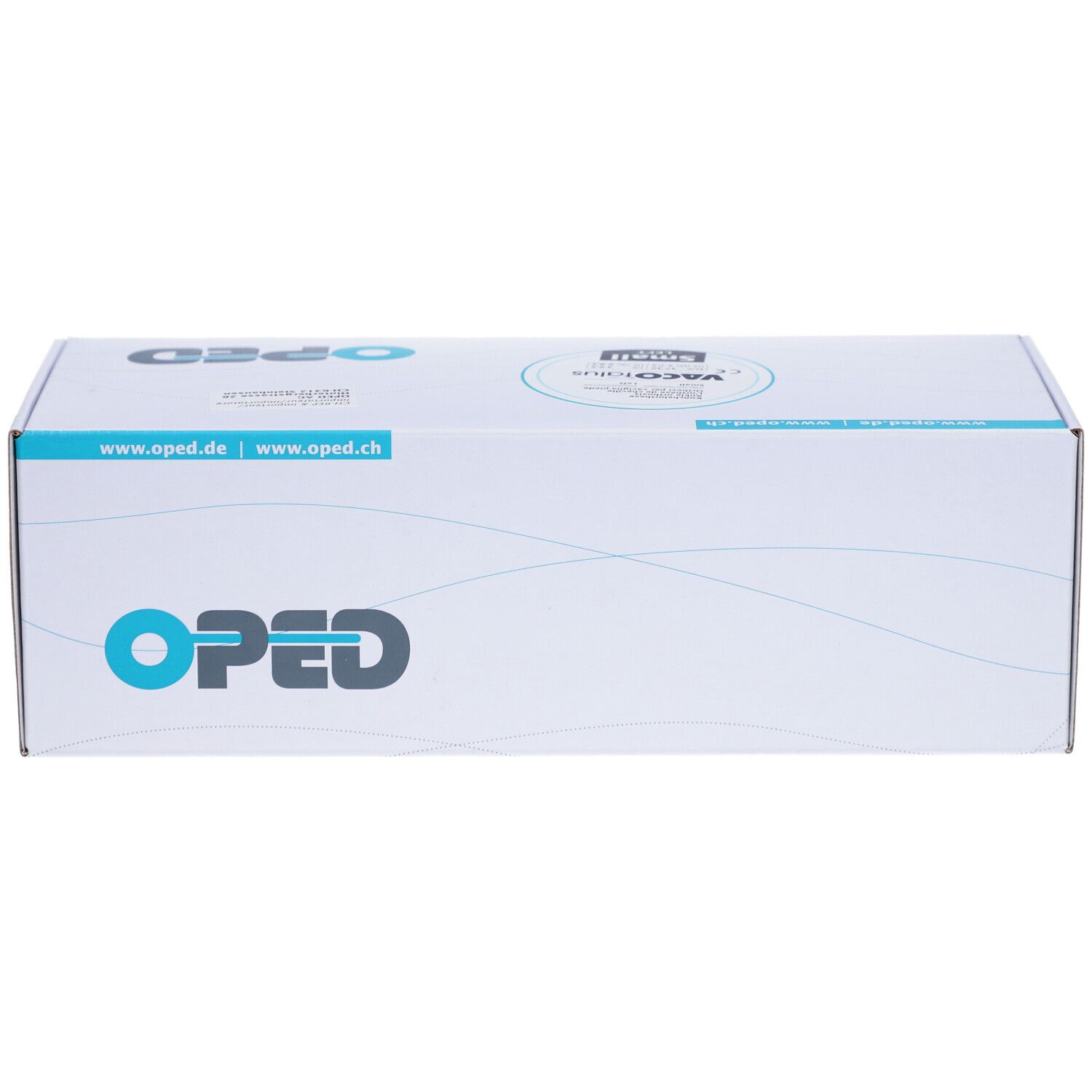 Boîte OPED. Emballage bleu et blanc avec logo et adresse du site Web. Inscription : OPED et Vaco talus.