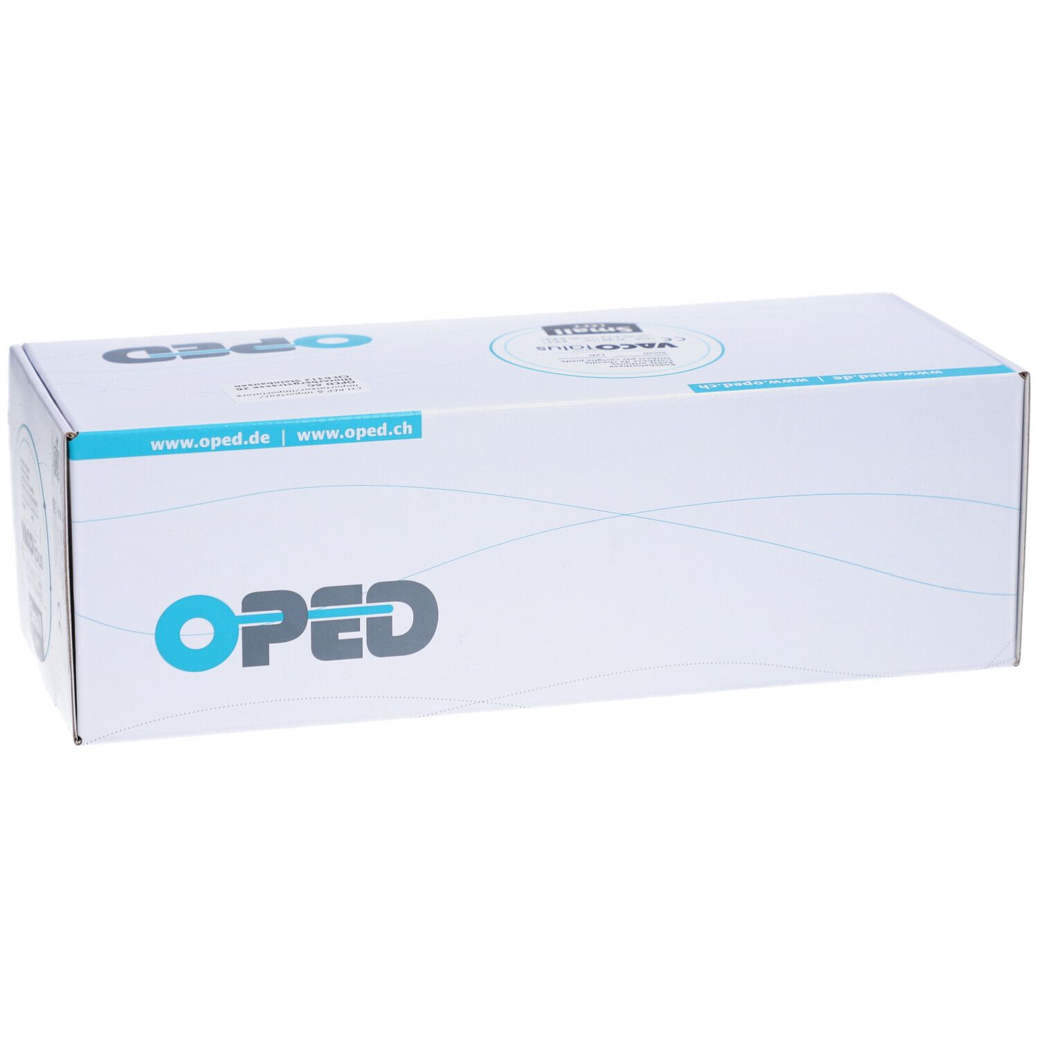 Boîte OPED. Emballage bleu et blanc avec logo et adresse du site Web. Inscription : OPED et Vaco talus.