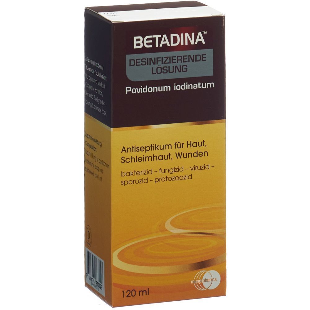 Verpackung von BETADINA Desinfizierende Lösung. Braune und gelbe Schachtel mit Produktnamen und Inhaltsangaben. 120 ml.