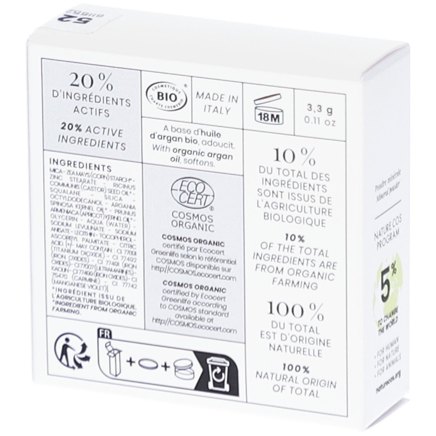 Boîte blanche avec texte et logos. Ingrédients, certification COSMOS ORGANIC, 10% issus de l'agriculture biologique.