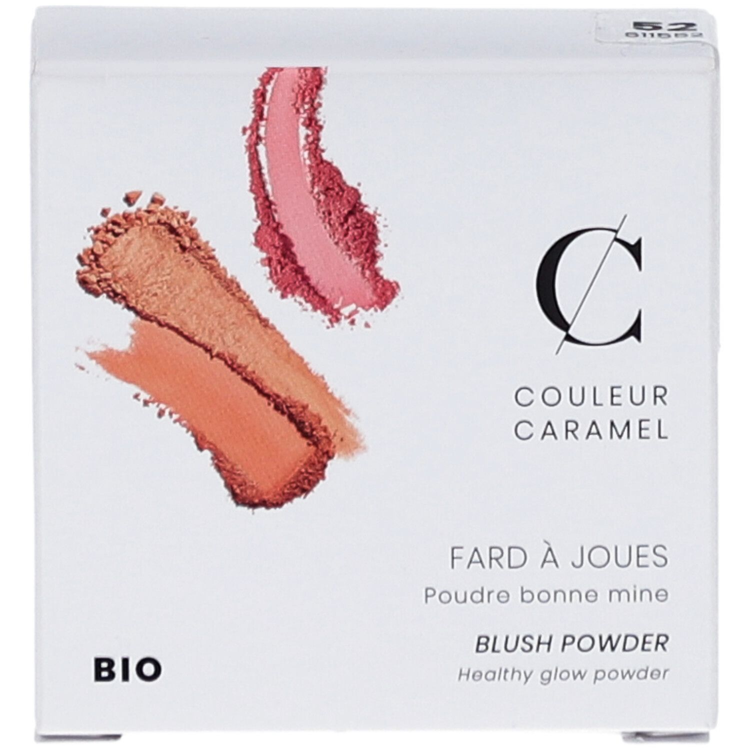 Boîte blanche. Visuels de fard à joues. Marque COULEUR CARAMEL. Inscription: Fard à joues, Blush Powder, BIO.