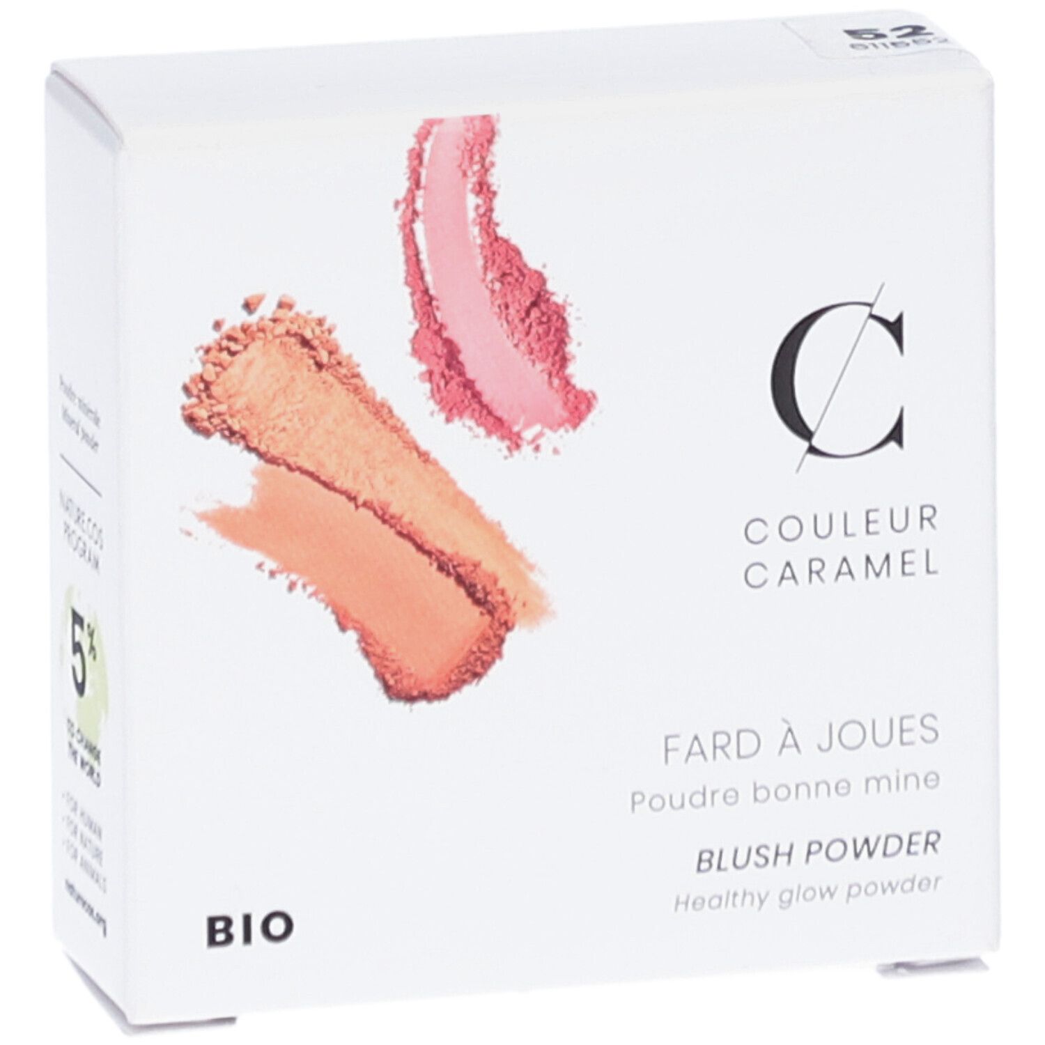Boîte blanche. Visuels de fard à joues. Marque COULEUR CARAMEL. Inscription: Fard à joues, Blush Powder, BIO. Logo: NATURE.COS.