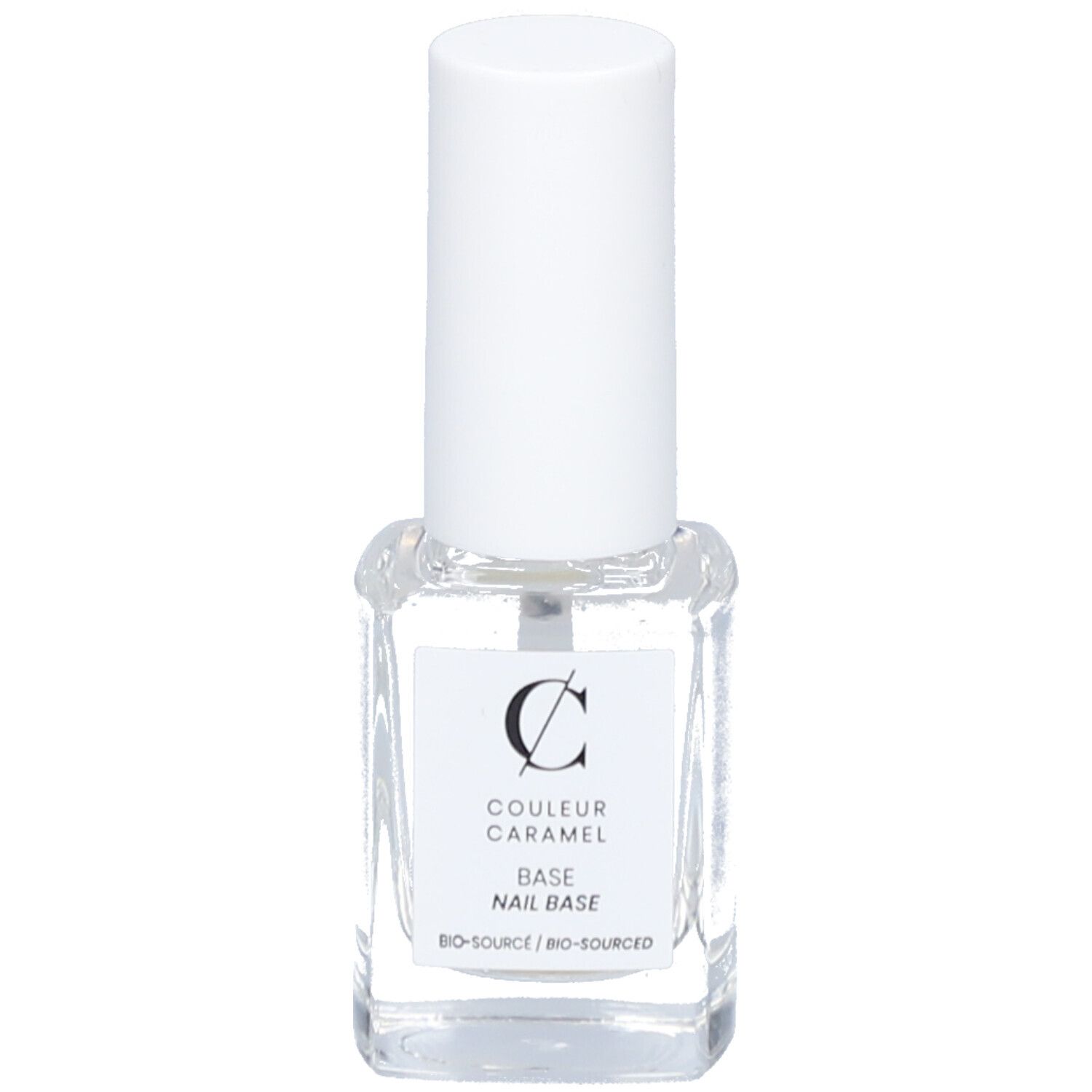 Base de vernis transparente avec bouchon blanc. Inscription: COULEUR CARAMEL, BASE, NAIL BASE. Bio-Source.