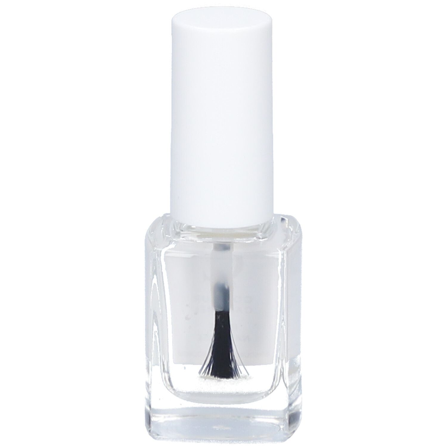 Base de vernis transparente avec bouchon blanc et pinceau. Inscription: COULEUR CARAMEL, BASE, NAIL BASE. Bio-Source.