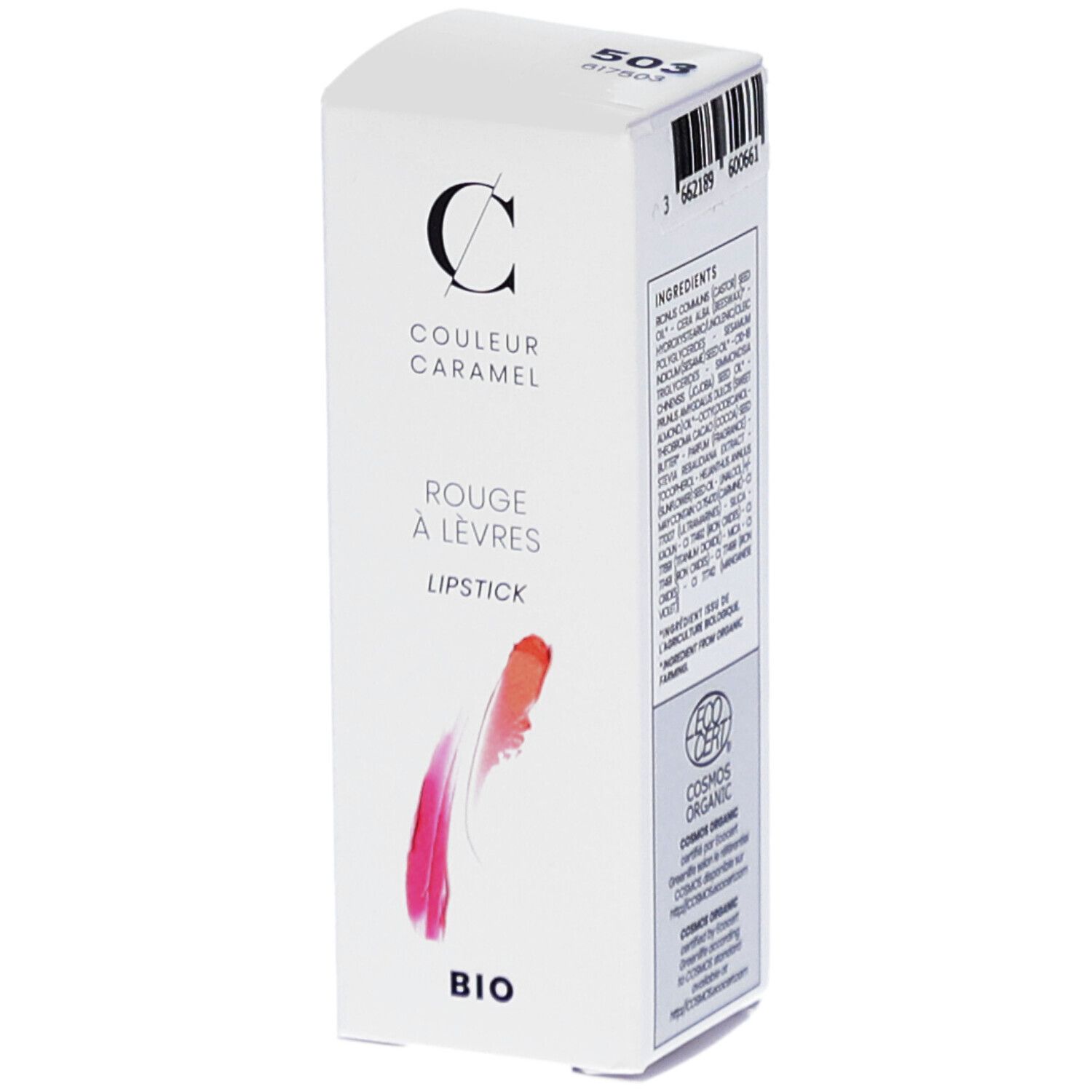 Emballage blanc avec illustration de rouge à lèvres. Marque : COULEUR CARAMEL. Texte : Rouge à lèvres, Lipstick, BIO. Code 503.