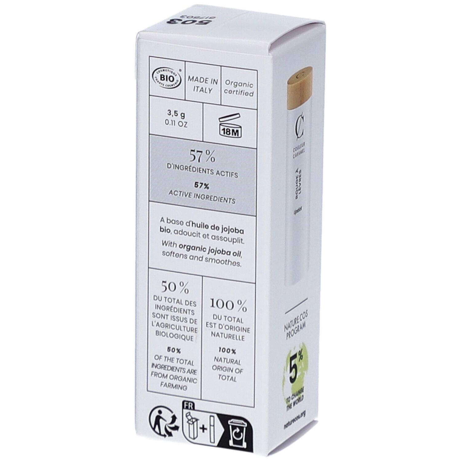 Emballage avec informations sur les ingrédients. Marque : COULEUR CARAMEL. Texte : 57% ingrédients actifs, 100% origine naturelle. Certification : COSMOS ORGANIC.