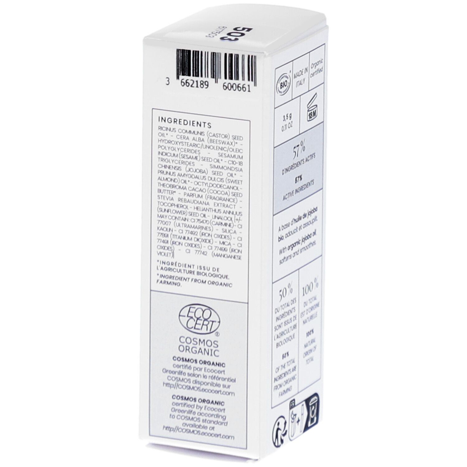 Emballage avec informations sur les ingrédients. Marque : COULEUR CARAMEL. Texte : COSMOS ORGANIC. Code 503. Code-barres.
