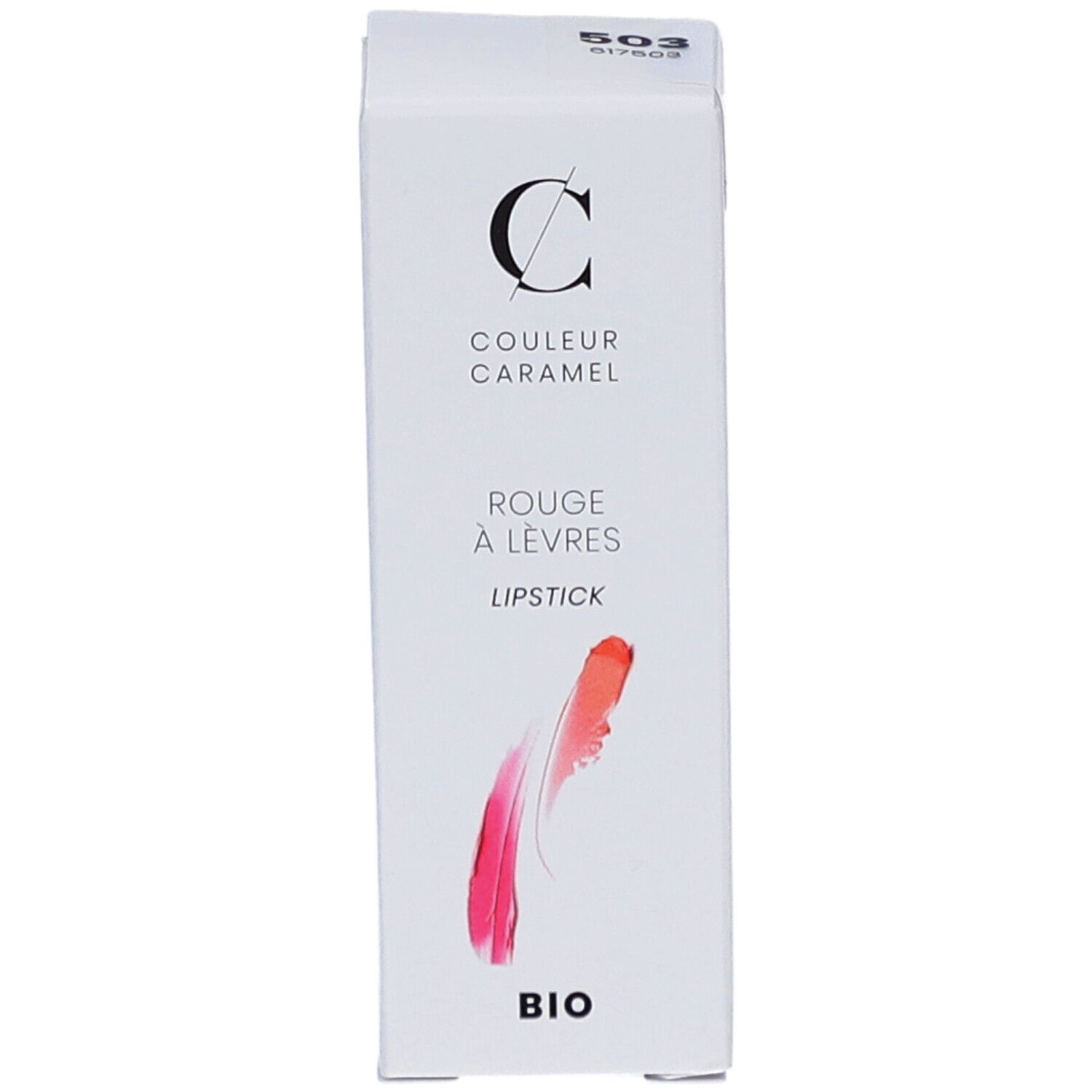 Emballage blanc avec illustration de rouge à lèvres. Marque : COULEUR CARAMEL. Texte : Rouge à lèvres, Lipstick, BIO. Code 503.