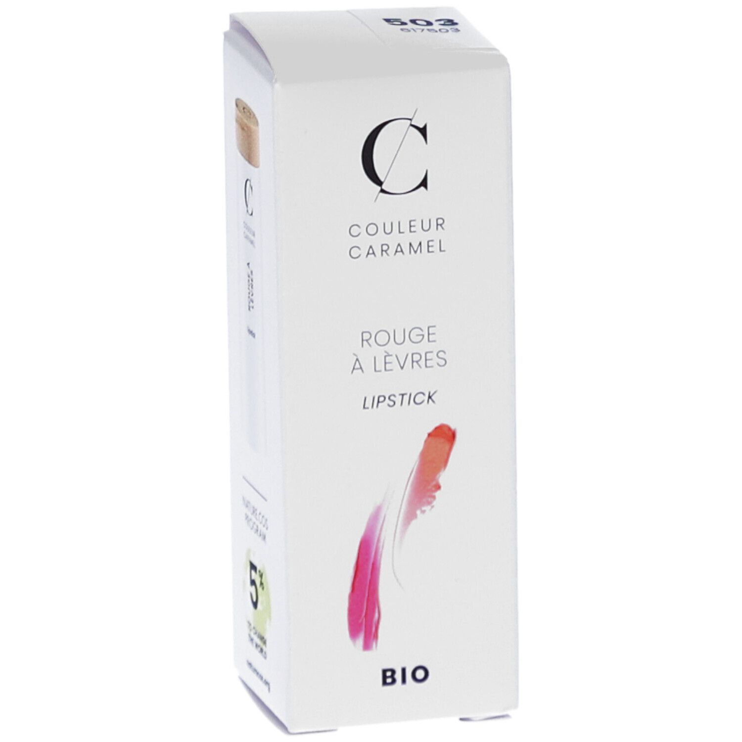 Emballage blanc avec rouge à lèvres et couvercle en bois. Marque : COULEUR CARAMEL. Texte : Rouge à lèvres, Lipstick, BIO. Code 503. Logo : 5% to change the world.