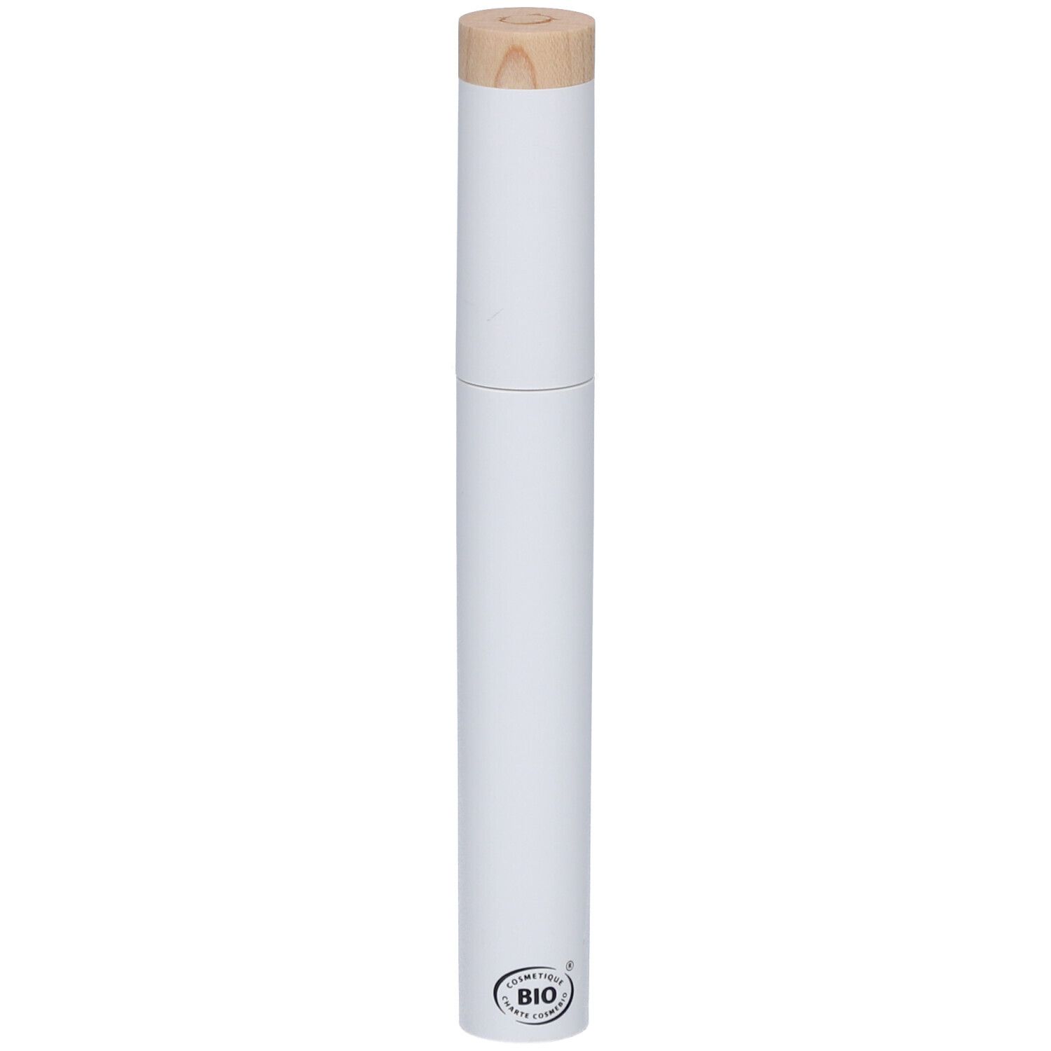 Tube de mascara blanc avec bouchon en bois. Forme cylindrique. Certification bio.
