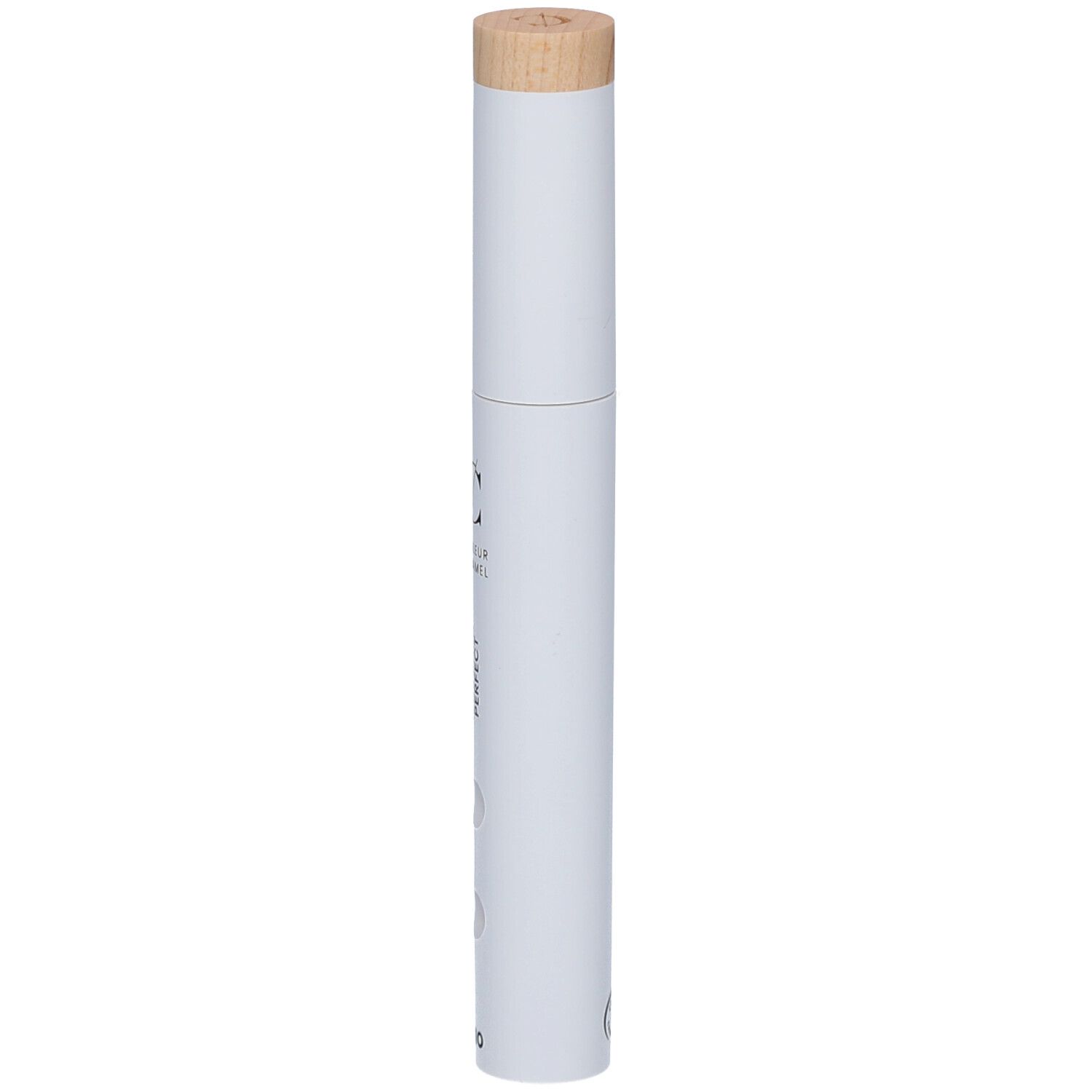 Tube de mascara blanc avec bouchon en bois. Forme cylindrique. En biais.