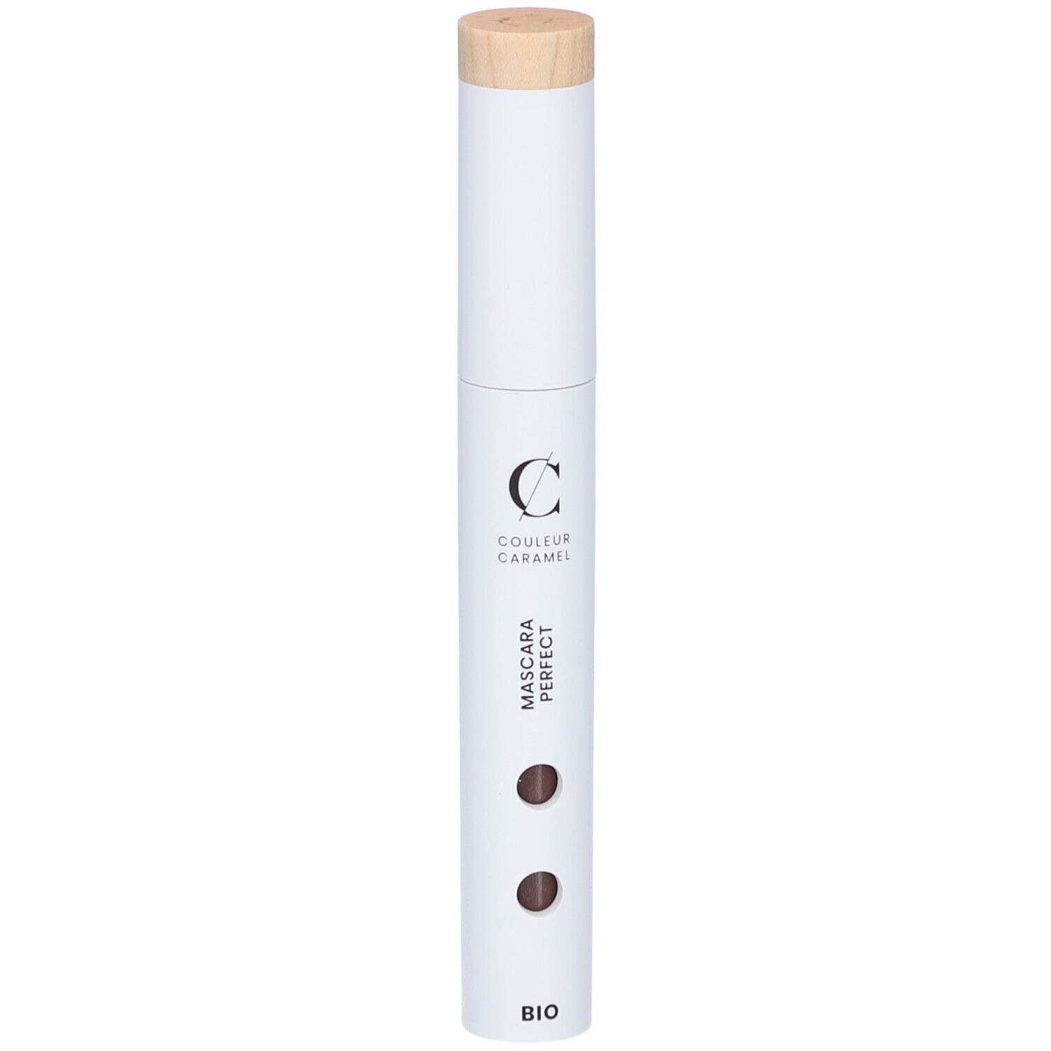 Tube de mascara blanc avec bouchon en bois. Inscription: COULEUR CARAMEL, MASCARA PERFECT, BIO. Points bruns.