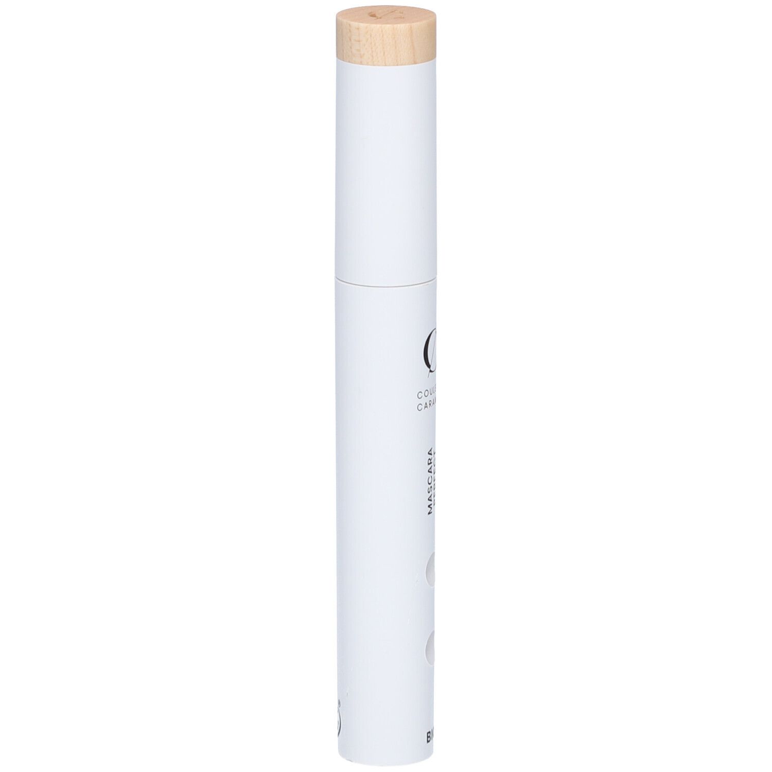 Tube de mascara blanc avec bouchon en bois. Inscription: COULEUR CARAMEL, MASCARA PERFECT, BIO. En biais.