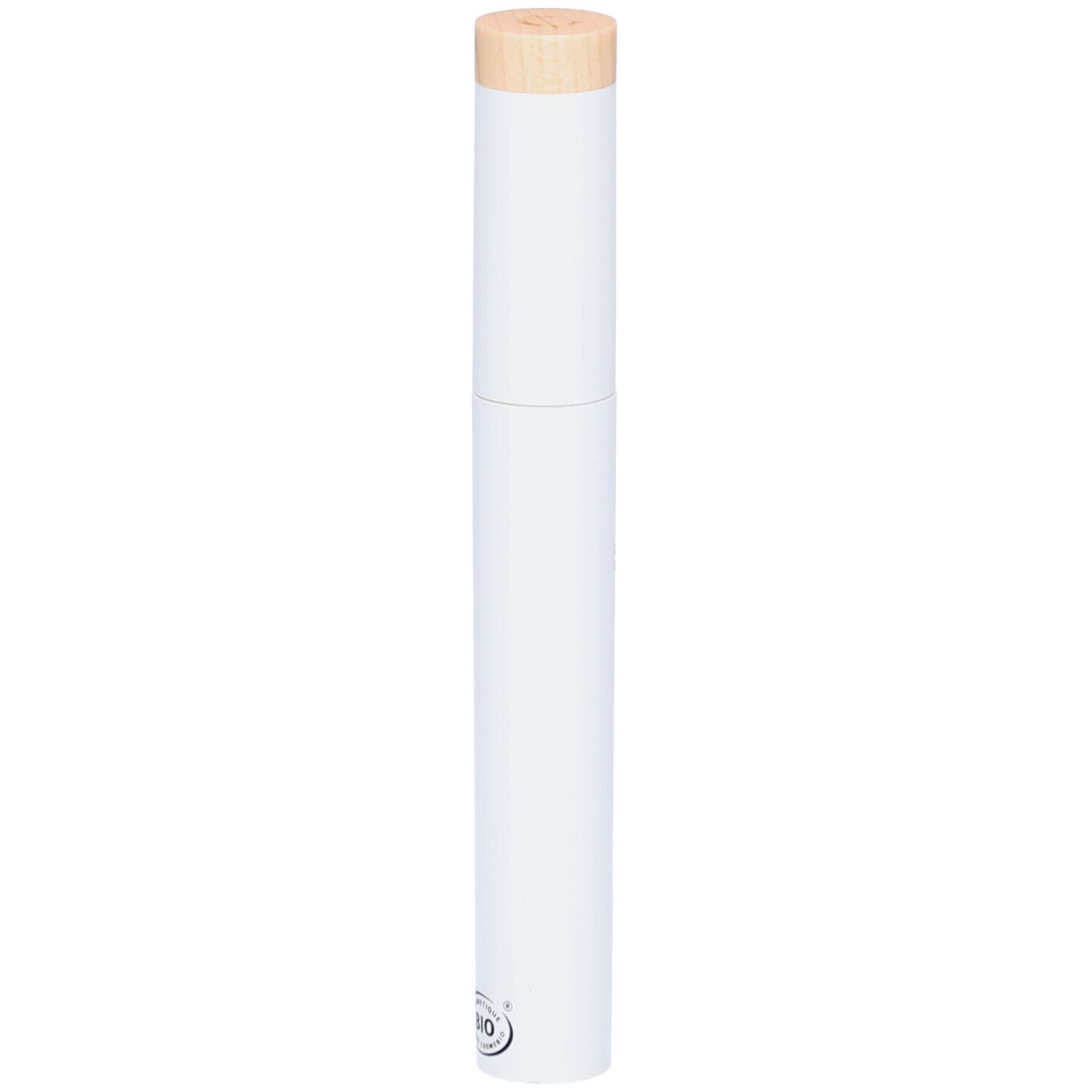 Tube de mascara blanc avec bouchon en bois. Forme cylindrique. Certification bio.