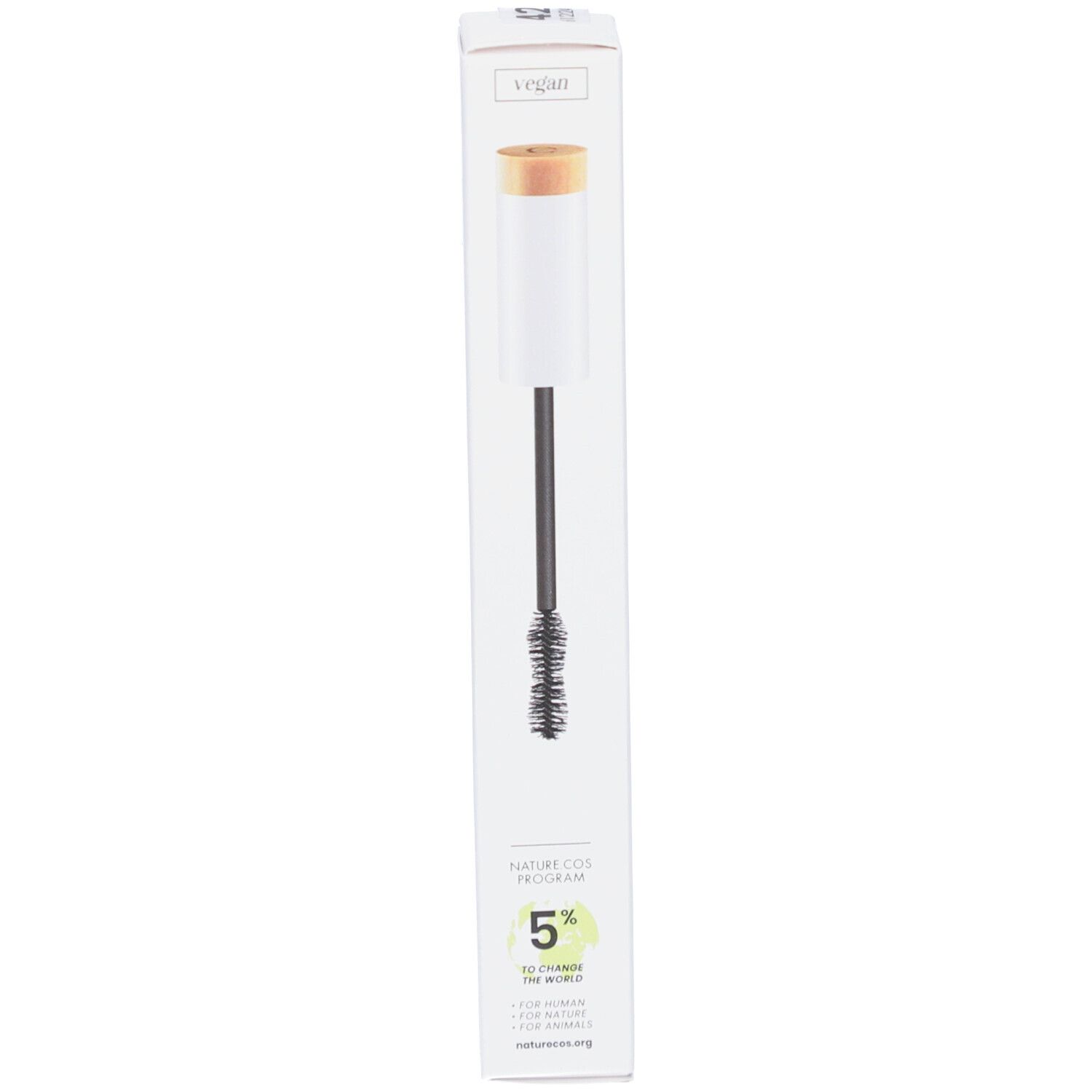 Emballage avec brosse de mascara. Inscription: COULEUR CARAMEL, MASCARA PERFECT, BIO. Logo végan.