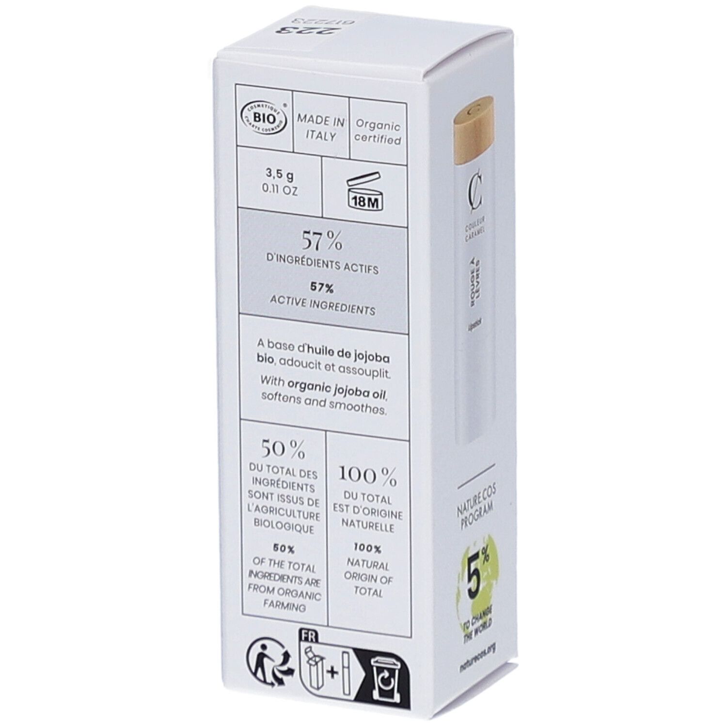 Dos de la boîte blanche. 57% d'ingrédients actifs, 50% issus de l'agriculture biologique, 100% d'origine naturelle. Certification BIO.