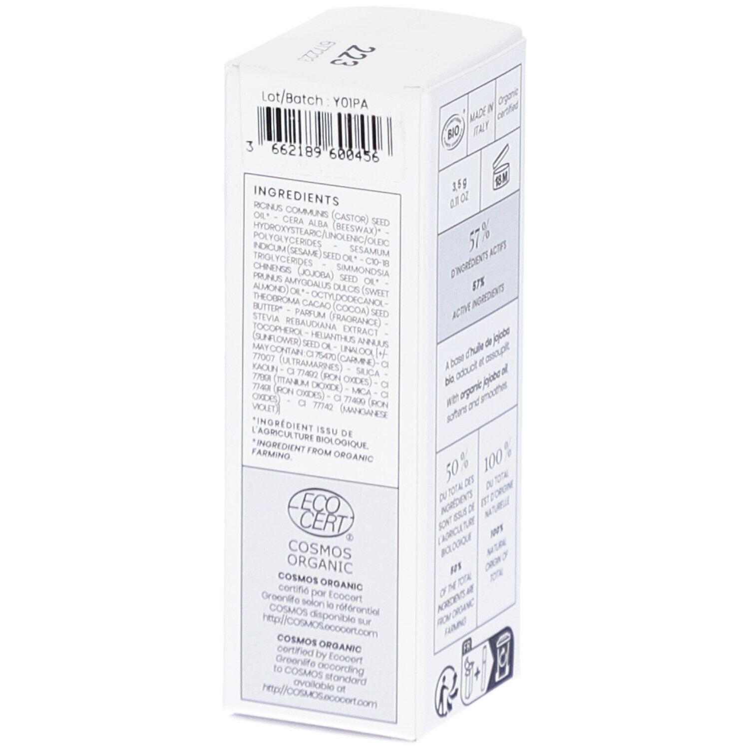Dos de la boîte blanche. Ingrédients, certification ECO CERT, certification BIO, numéro de lot et code-barres.