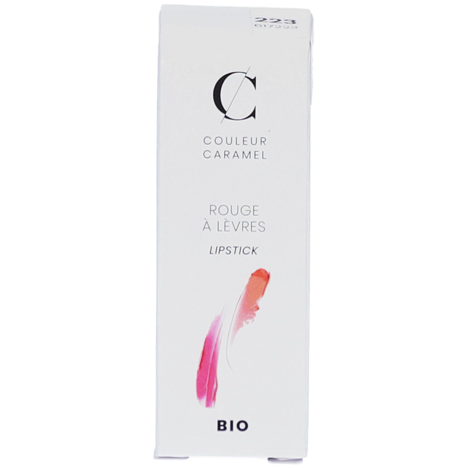 Boîte blanche avec illustration de rouge à lèvres. Marque COULEUR CARAMEL, Rouge à lèvres, BIO. Numéro de produit 223.