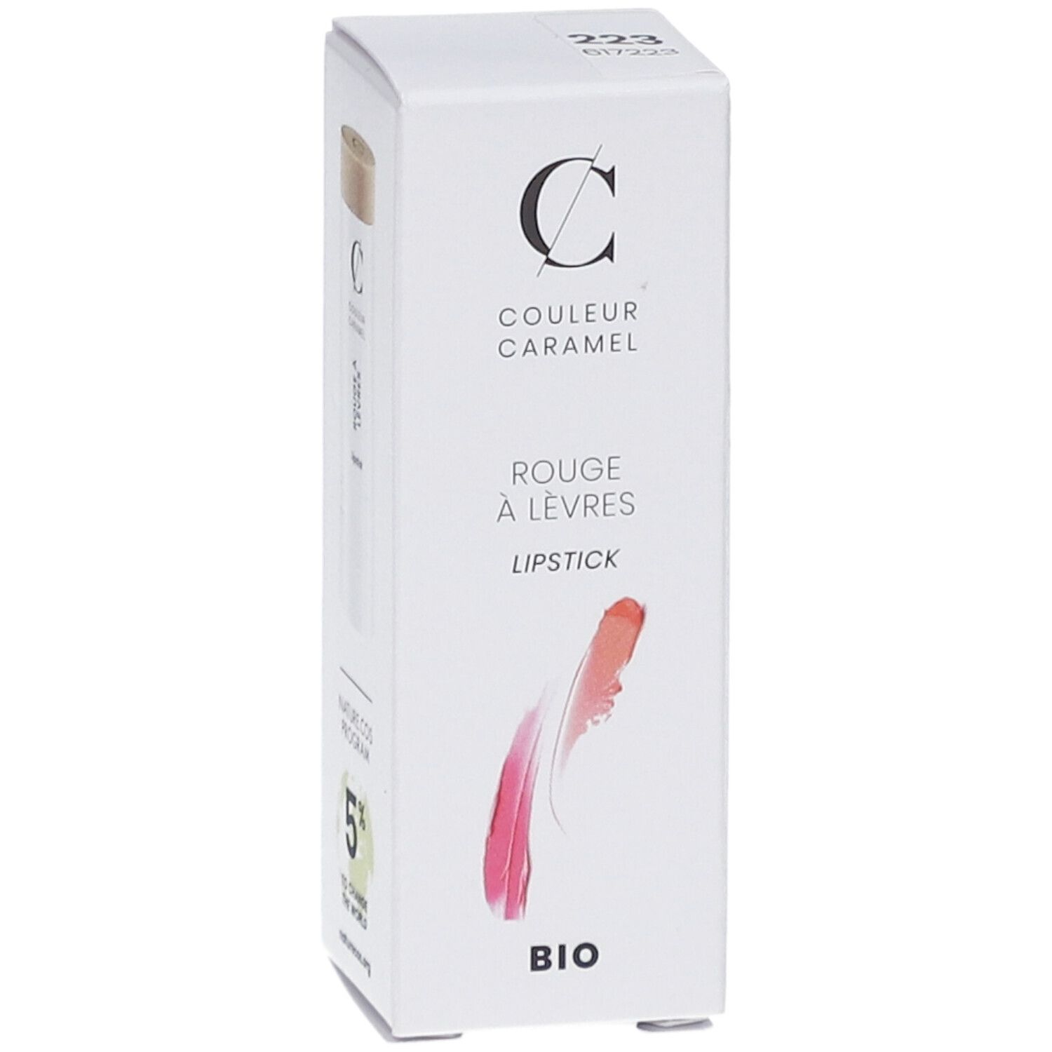 Boîte blanche avec illustration de rouge à lèvres. Marque COULEUR CARAMEL, Rouge à lèvres, BIO. Numéro de produit 223.