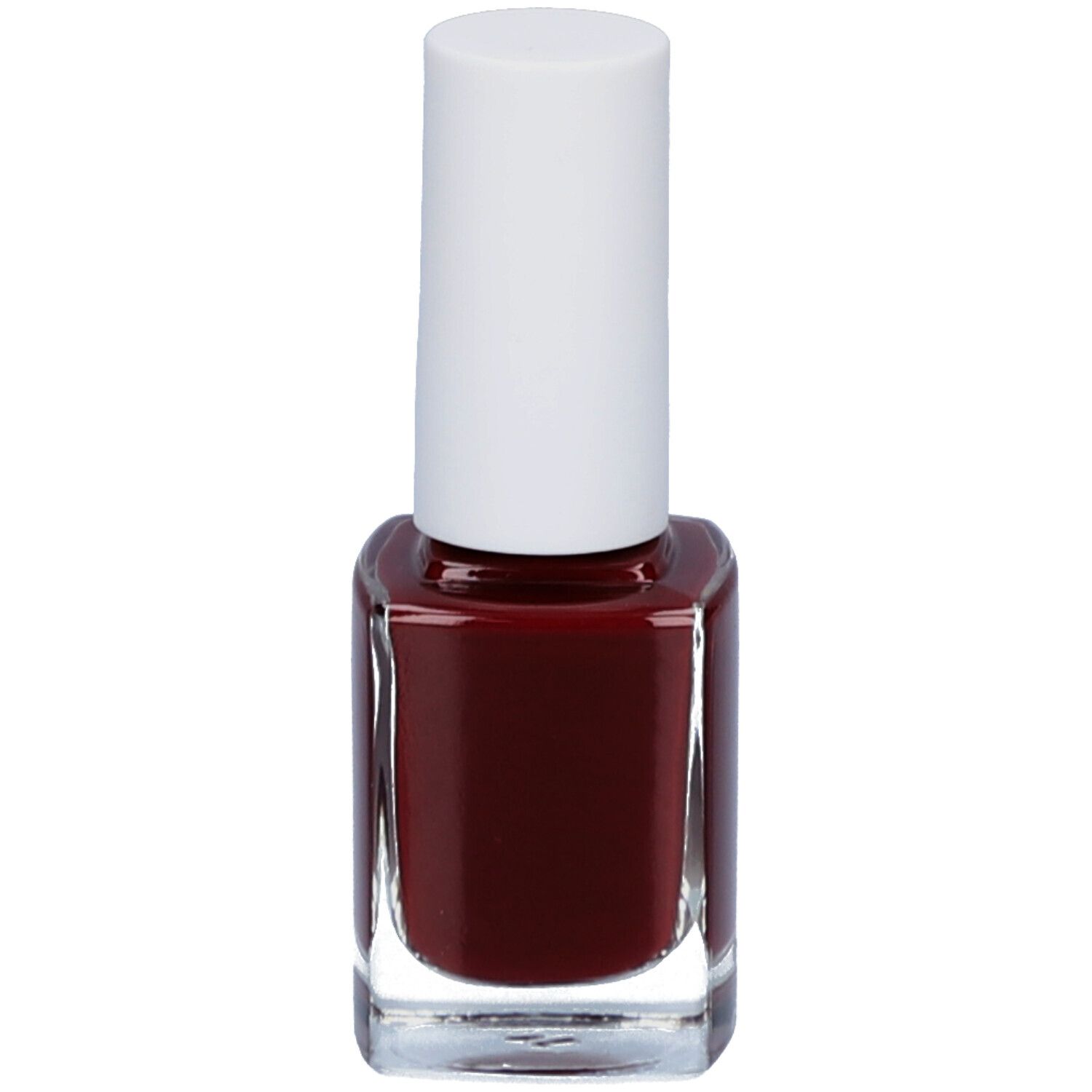 Flacon de vernis à ongles rouge-brun. Bouchon blanc. COULEUR CARAMEL Vernis à ongles.