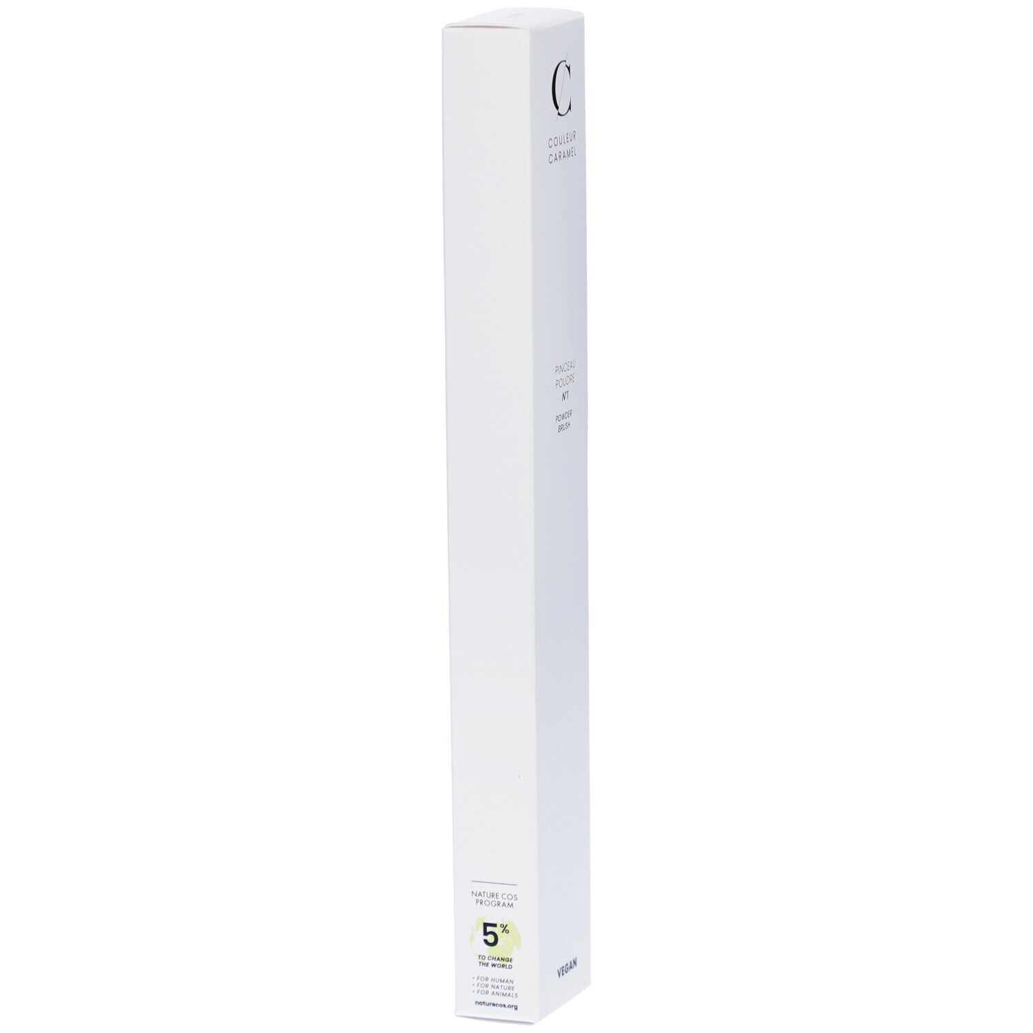Emballage blanc avec pinceau poudre n°1. Tête de pinceau noire, manche blanc. Logo et nom du produit sur l'emballage.