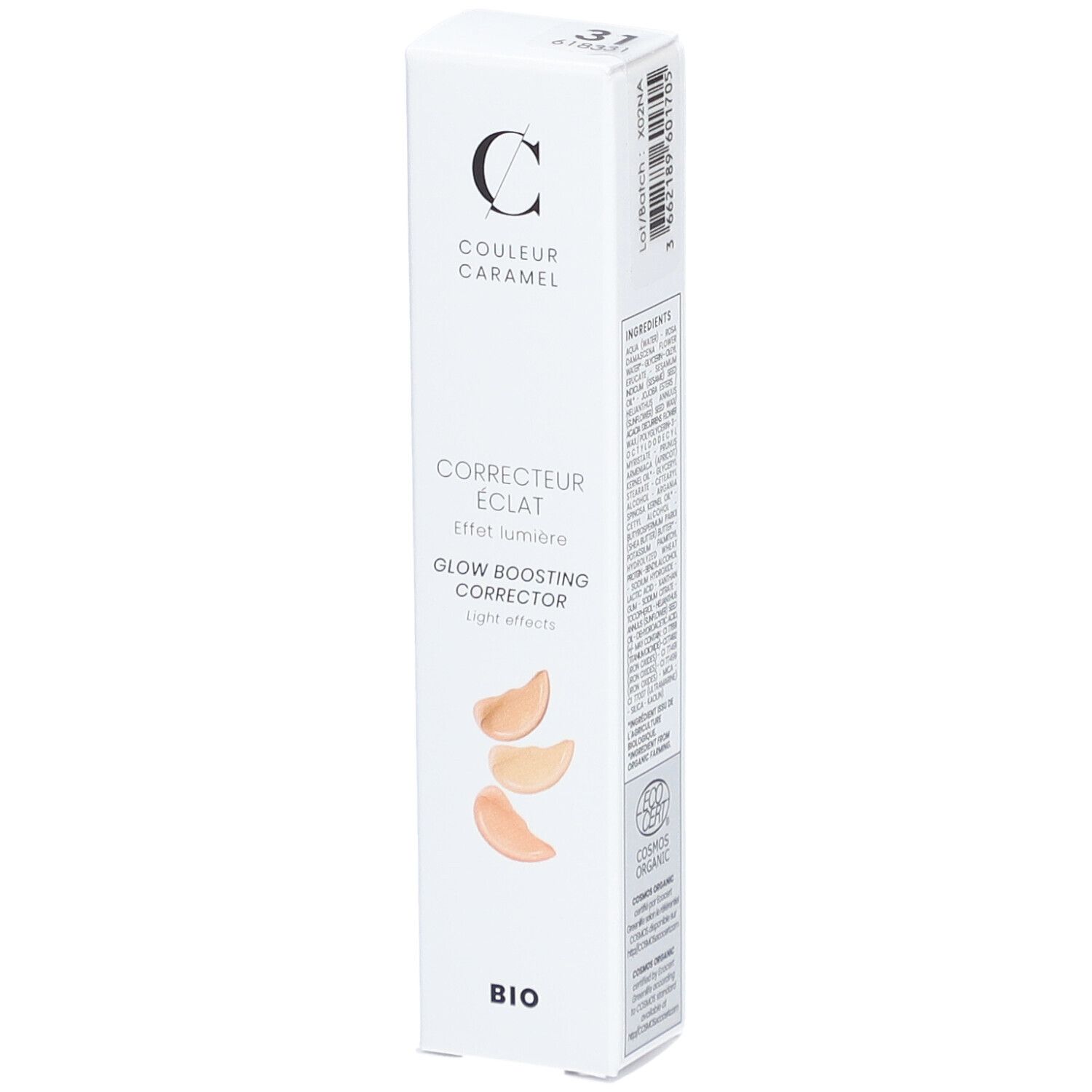 Emballage blanc avec logo COULEUR CARAMEL. Contient un correcteur d'éclat. Effet lumière. Affichage de 3 nuances.