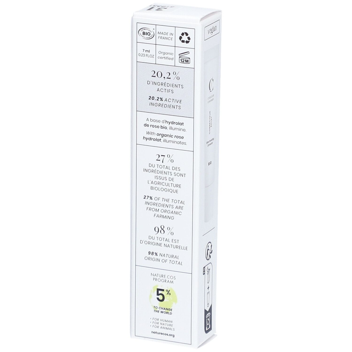 Emballage blanc avec informations produit. Ingrédients, origine et certifications. 20,2% d'ingrédients actifs.