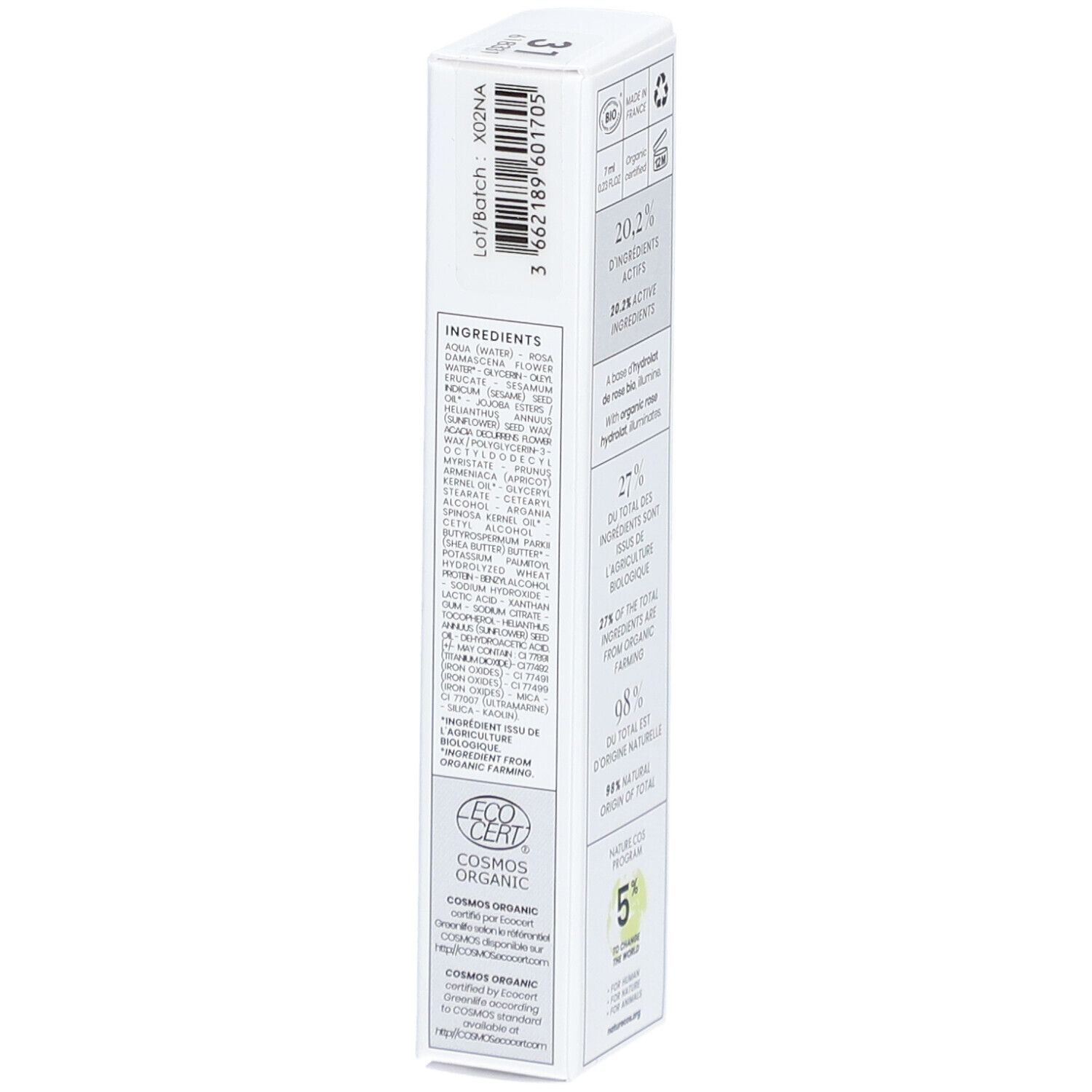 Emballage blanc avec informations produit. Ingrédients, origine et certifications. Code-barres et numéro de lot.