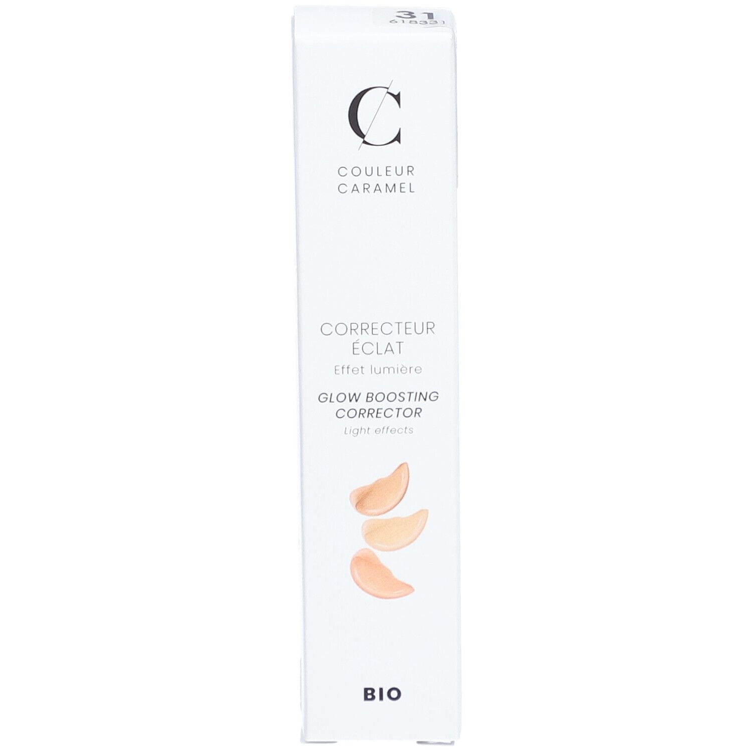 Emballage blanc avec logo COULEUR CARAMEL. Contient un correcteur d'éclat. Effet lumière. Affichage de 3 nuances.