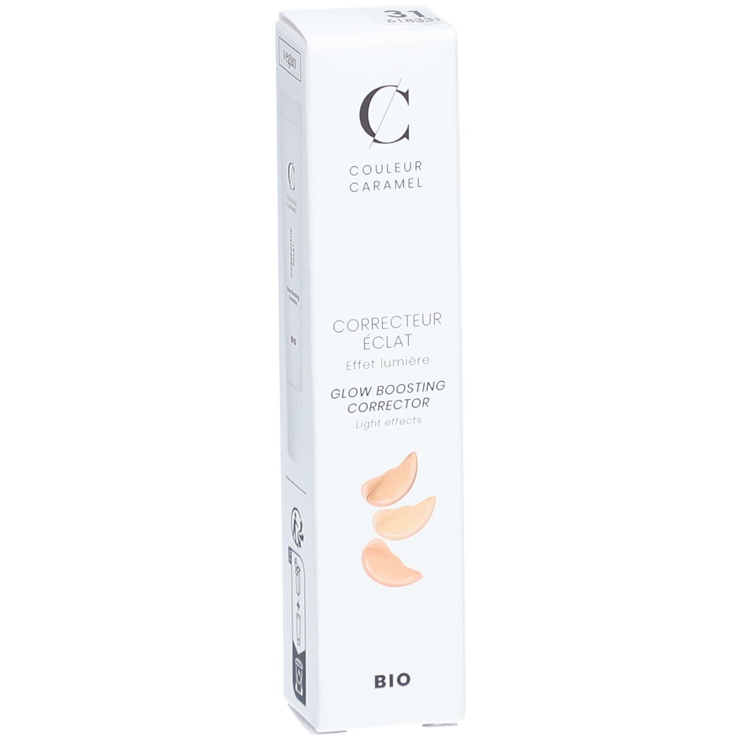 Emballage blanc avec logo COULEUR CARAMEL. Contient un correcteur d'éclat. Effet lumière. Affichage de 3 nuances.