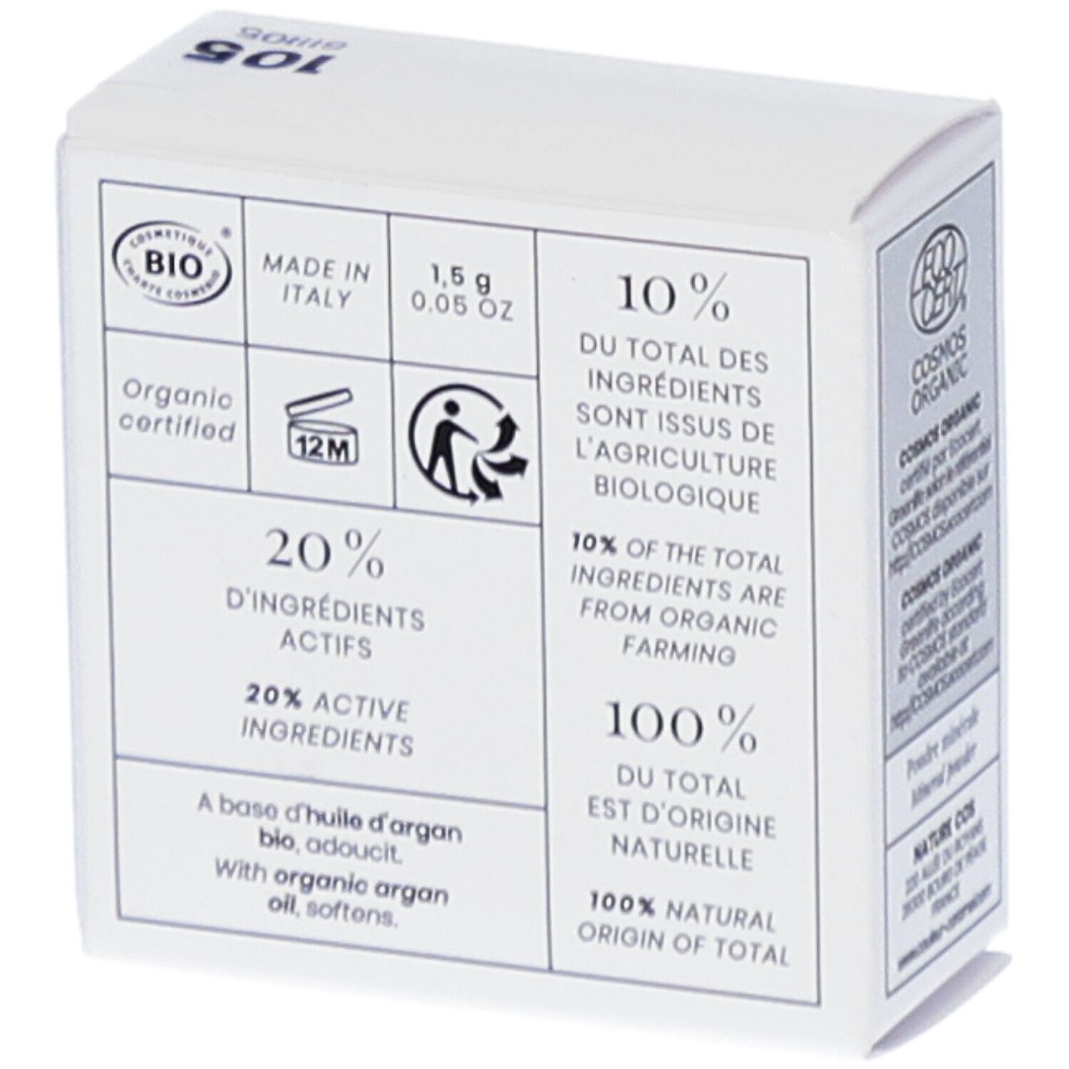 Dos de l'emballage de l'ombre à paupières. Texte : BIO, 1,5 g, 0,05 OZ, 20% ingrédients actifs, 100% origine naturelle. Certifications : COSMOS ORGANIC, Made in Italy.